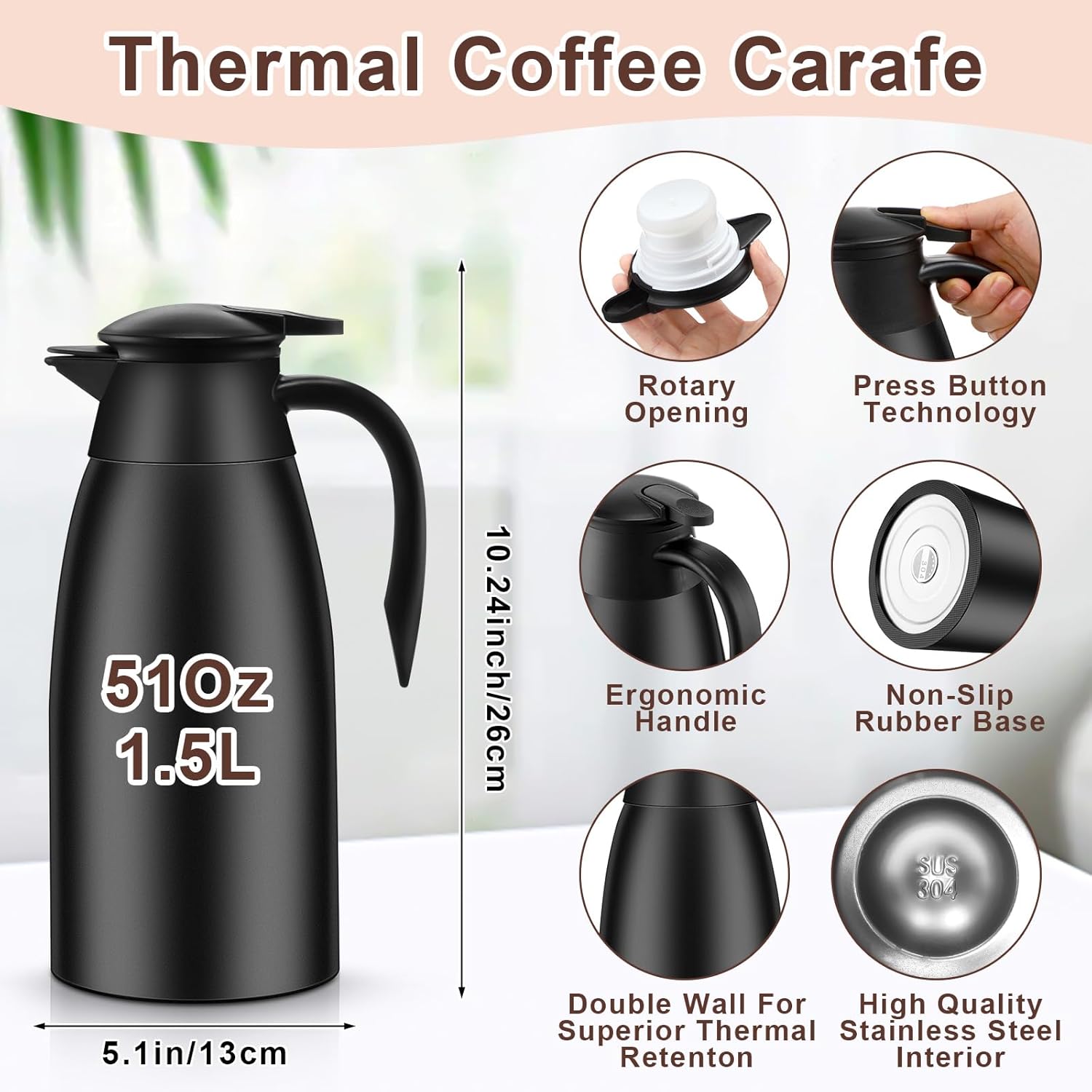 Norme 2 Pcs Thermal Coffee Carafe Insulated Stainless Steel Coffee Carafe for Hot Liquid Vacuum Thermal Pot Creamer Pitcher Dispenser with Brushes Keeping Hot Water Milk(Black,51 oz) - Image 2