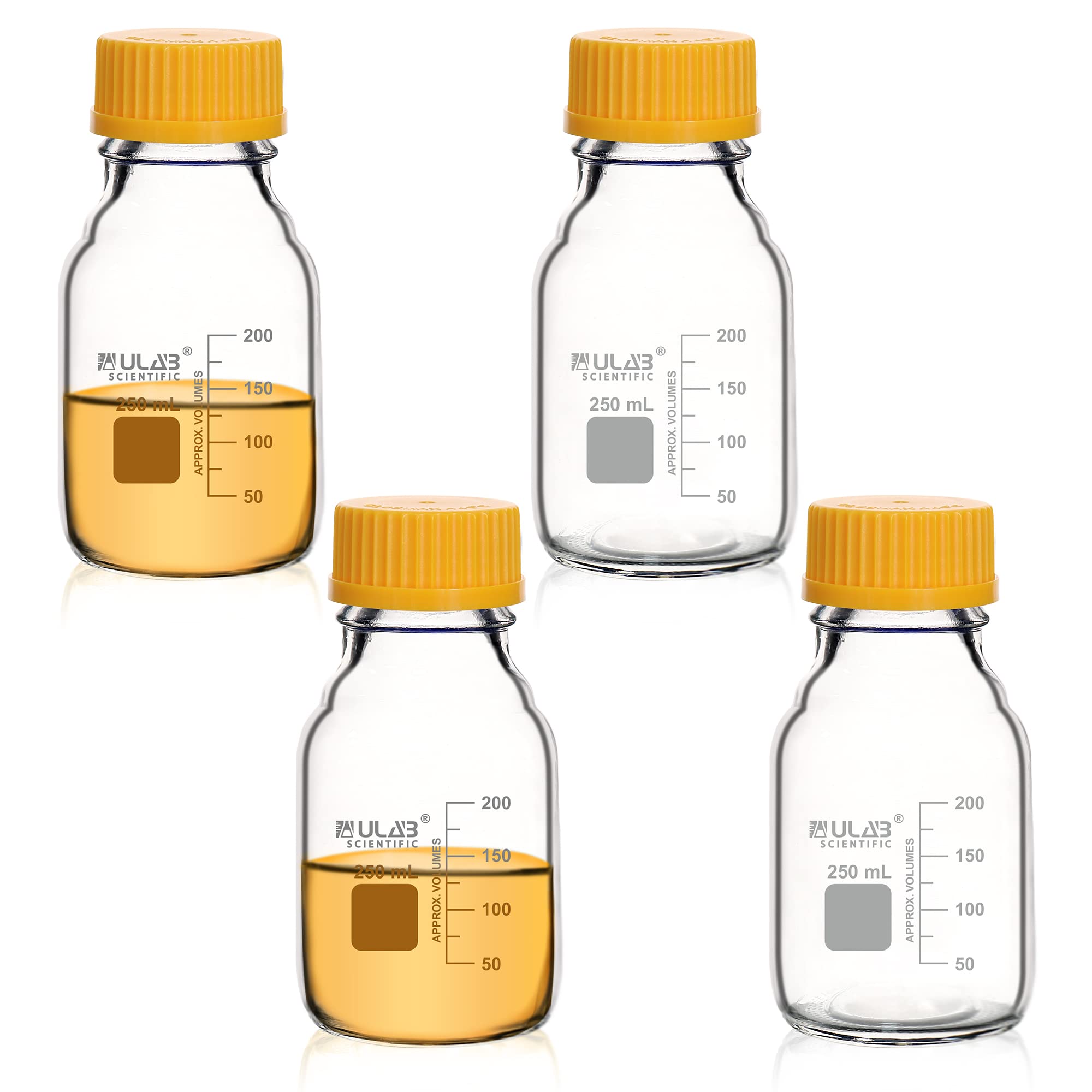 ULAB Round Media Storage Bottle, Vol.250ml(8.5oz) 3.3 Borosilicate Glass Storage Bottles with GL45 Screw Cap, Pack of 4, URB1035