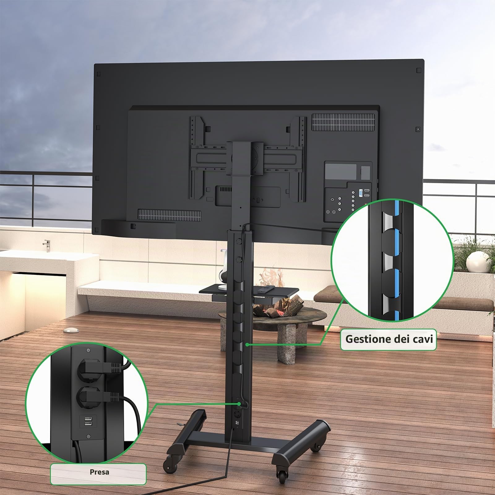 Proton 500 Supporto TV mobile con ripiano, prese di corrente, porte USB, altezza 211 cm, formato verticale orizzontale 32-75 pollici, 40 kg nero