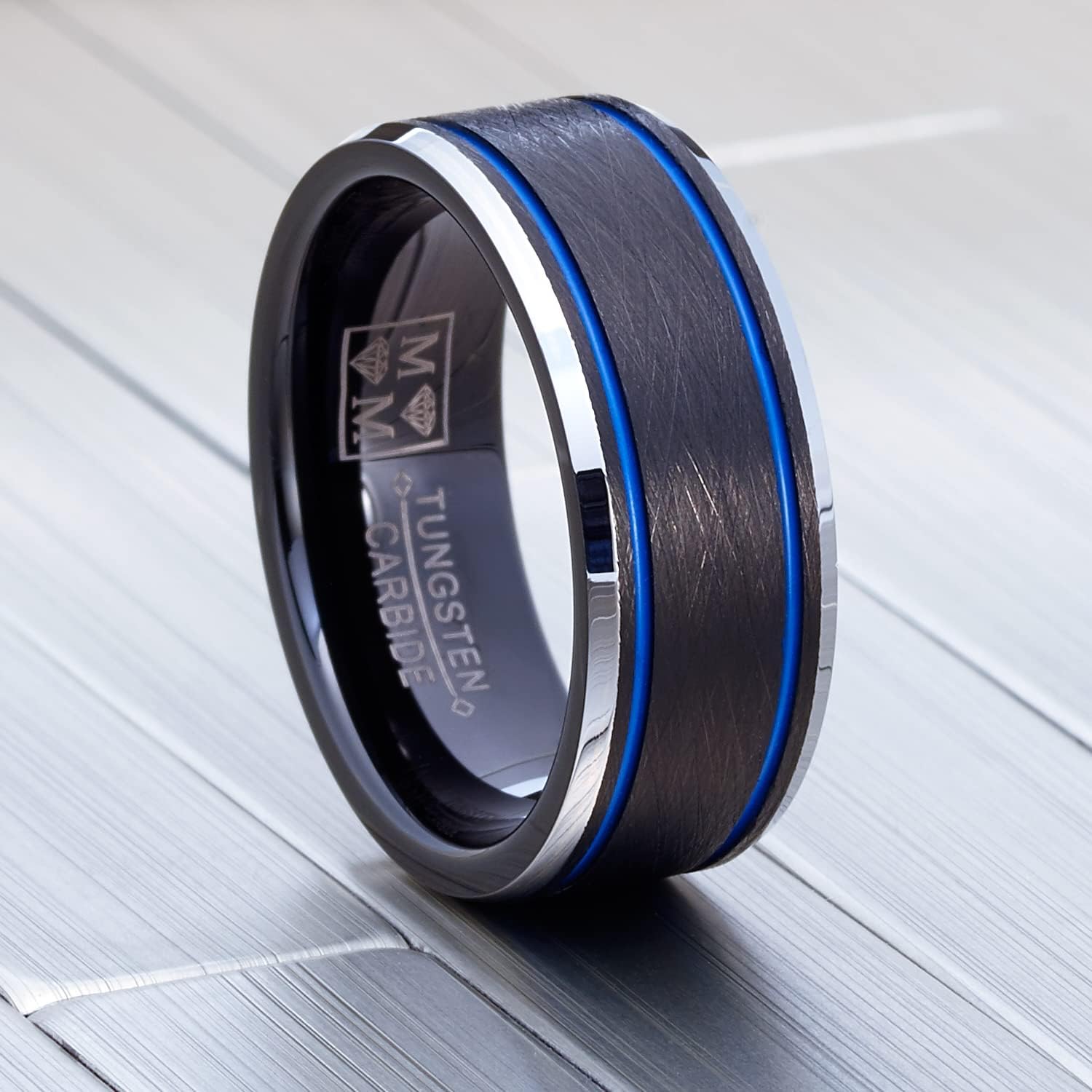 Tungsten Carbide 1/3" Men's Black Brushed Center with Red Grooves Comfort Fit Wedding Band