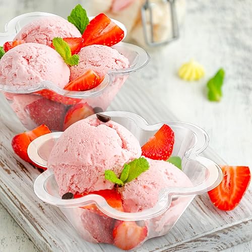 Miniatura 4 de Qeirudu Vasos de postre de 8 onzas con cucharas, paquete de 100 cuencos de helado en forma de flor de plástico para fiestas, para helado, parfait,