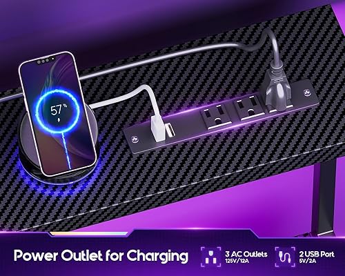 Miniatura 4 de ODK - Escritorio para juegos con luces LED y toma de corriente, escritorio de 55 pulgadas con cajones, escritorio de oficina con estantes de