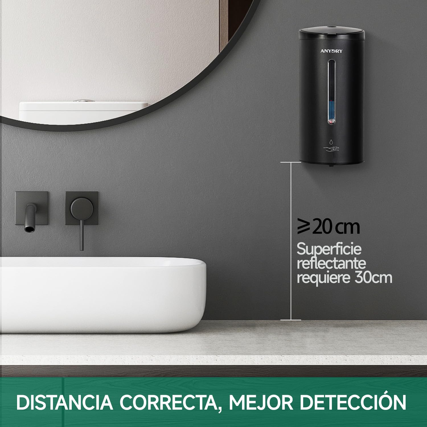 anydry Dispensador de Jabón Automático de Pared Profesional 750 ml con Revestimiento Anti-Corrosión (Acero Inoxidable Negro Mate)