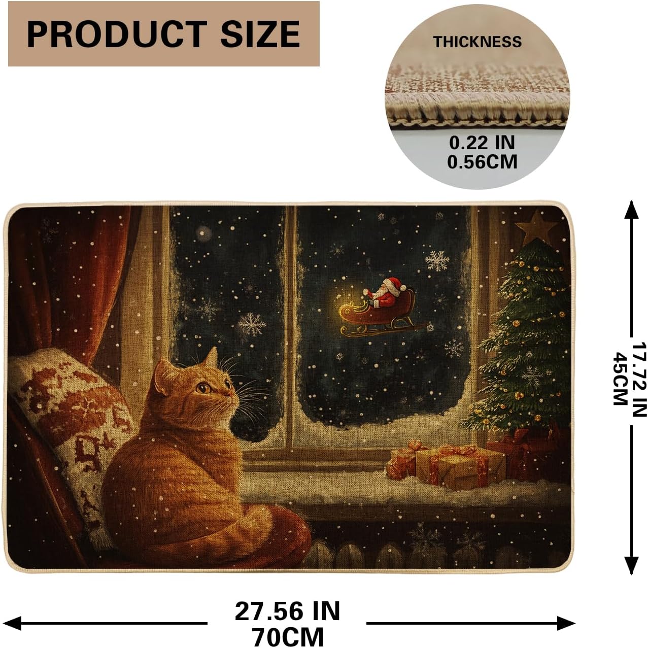 Christmas Cat Doormat, Orange Tabby Door Mat for Indoor & Outdoor Holiday Decor, Rubber Washable Non-Slip for Winter Entrance Mat 29x17 Inch
