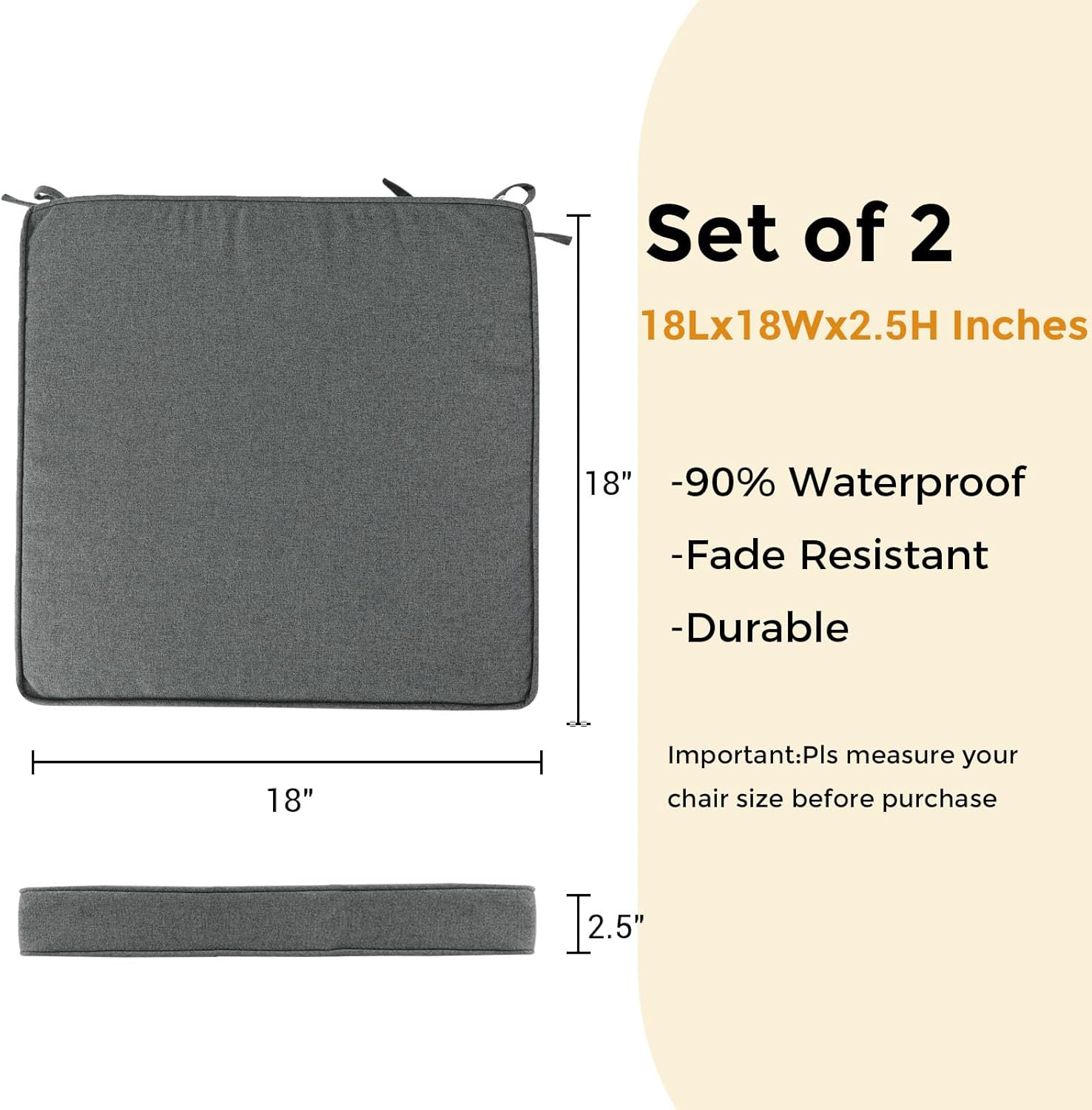 FUNHOME Outdoor Chair Cushions 18"x18"x2.5" Set of 2,Water Reistant Patio Chair Cushion with Zipper&Ties,18x19 Inch Square Seat Cushion for Garden Furniture Chairs(Dark Gray)