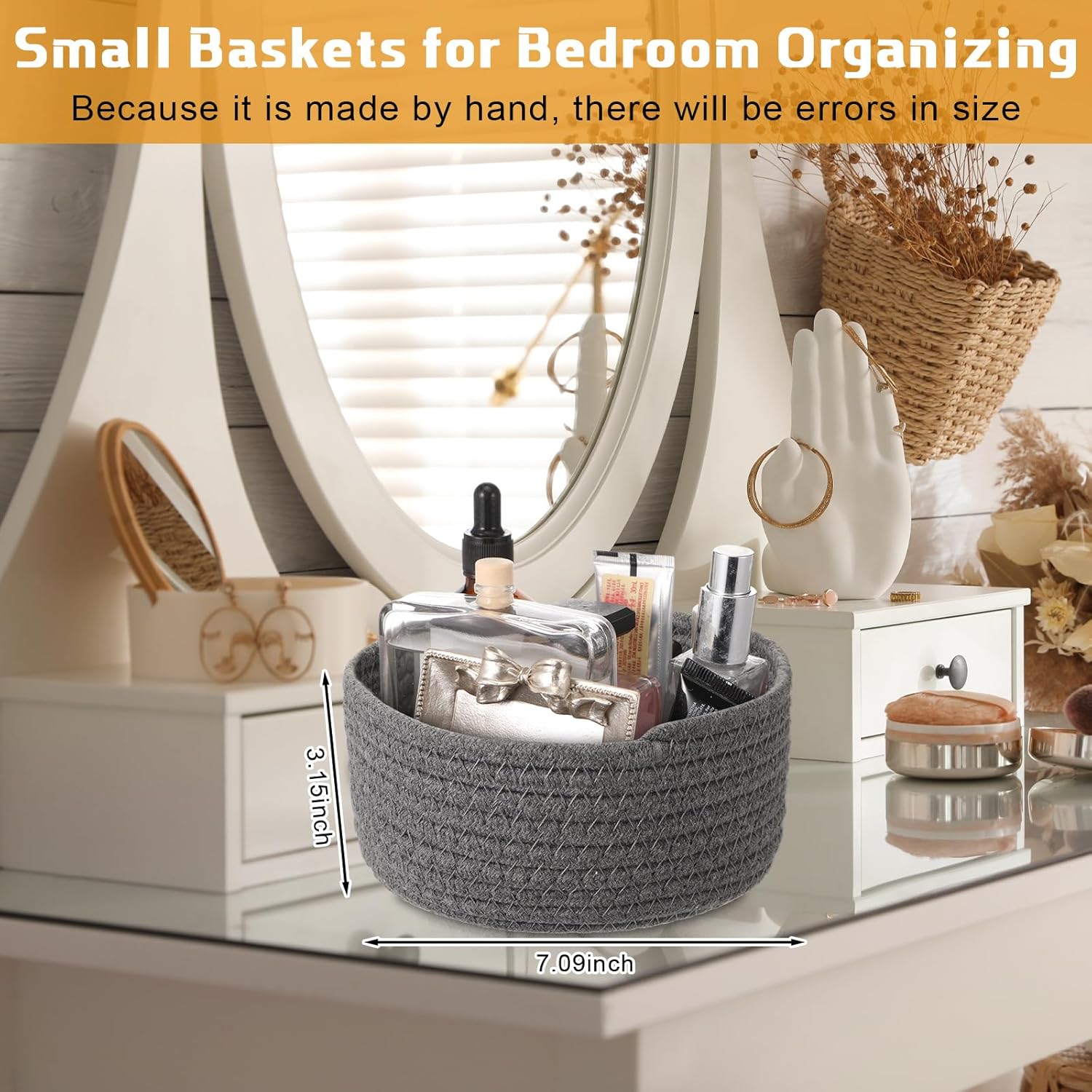 Boao 4 Pcs Small Basket, Empty Woven Baskets Small Rope Storage Mini Basket Cotton Baskets for Organizing Gifts Cute Boho Tiny Round Gifts Bin Shelf Closet Decorative Bin for Nursery Bathroom(Gray)