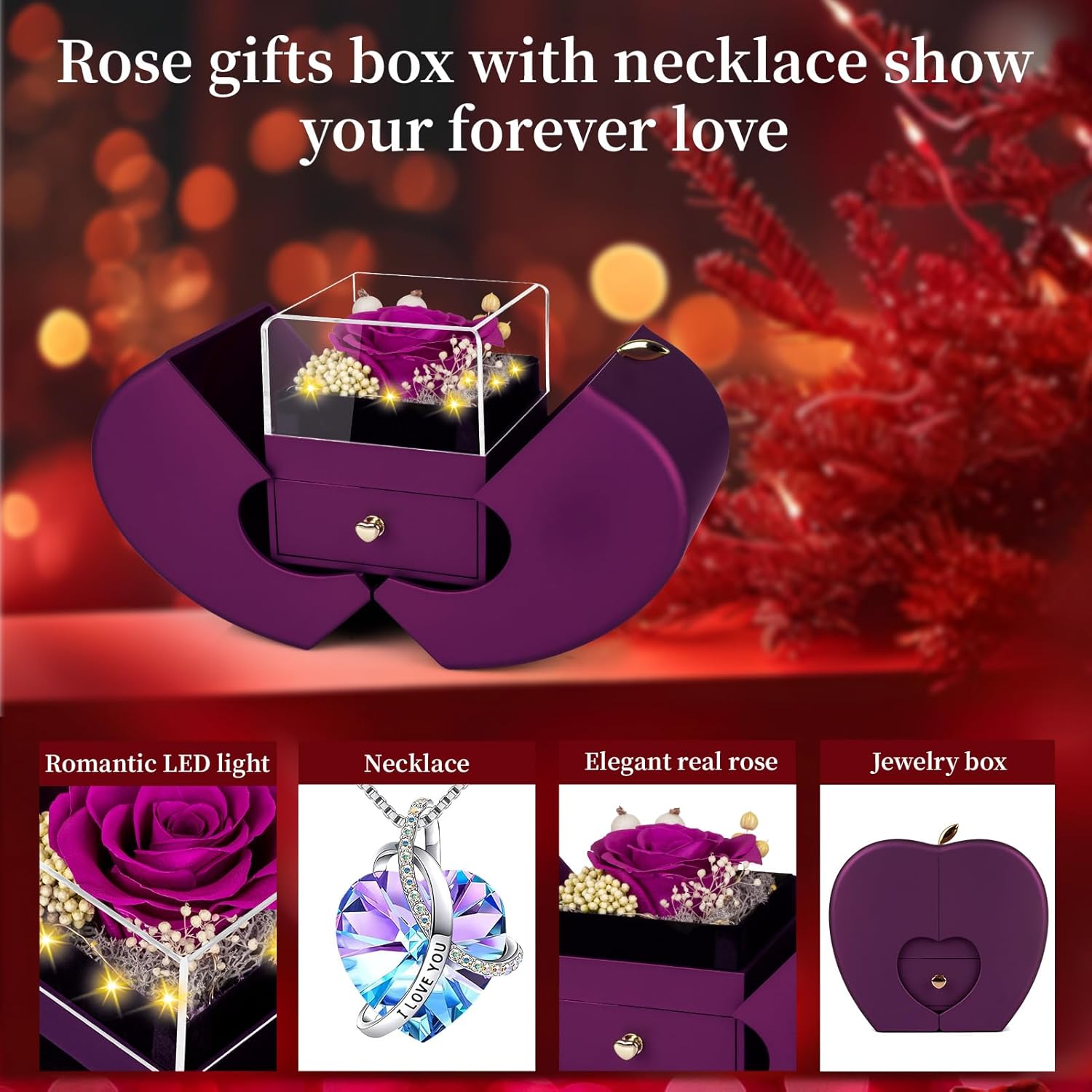 Preserved Real Purple Rose with l Love You Necklace -Mothers Day Gifts for Mom Her Wife Girlfriend Women Grandma on Valentines Mothers Day Christmas Anniversary Romantic-Purple