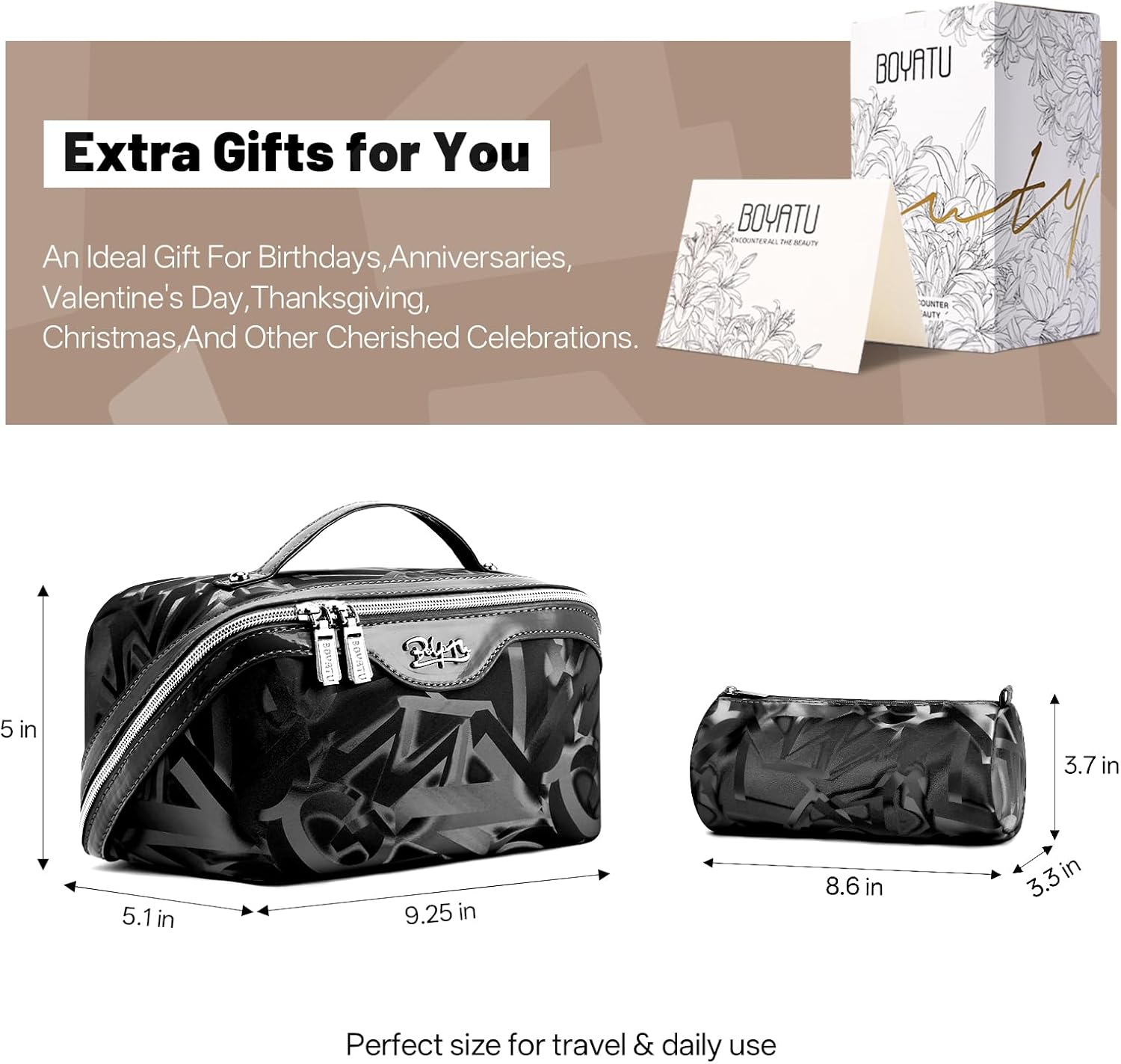 BOYATU Travel Makeup Bag for Women: Y2K Aesthetic Personalized Glossy 3 Pcs Set Cosmetic Organizer Bag - Trendy Statement Toiletry Pouches for Forward Women - Stand Out at Festivals & Trips(A-2-Black)