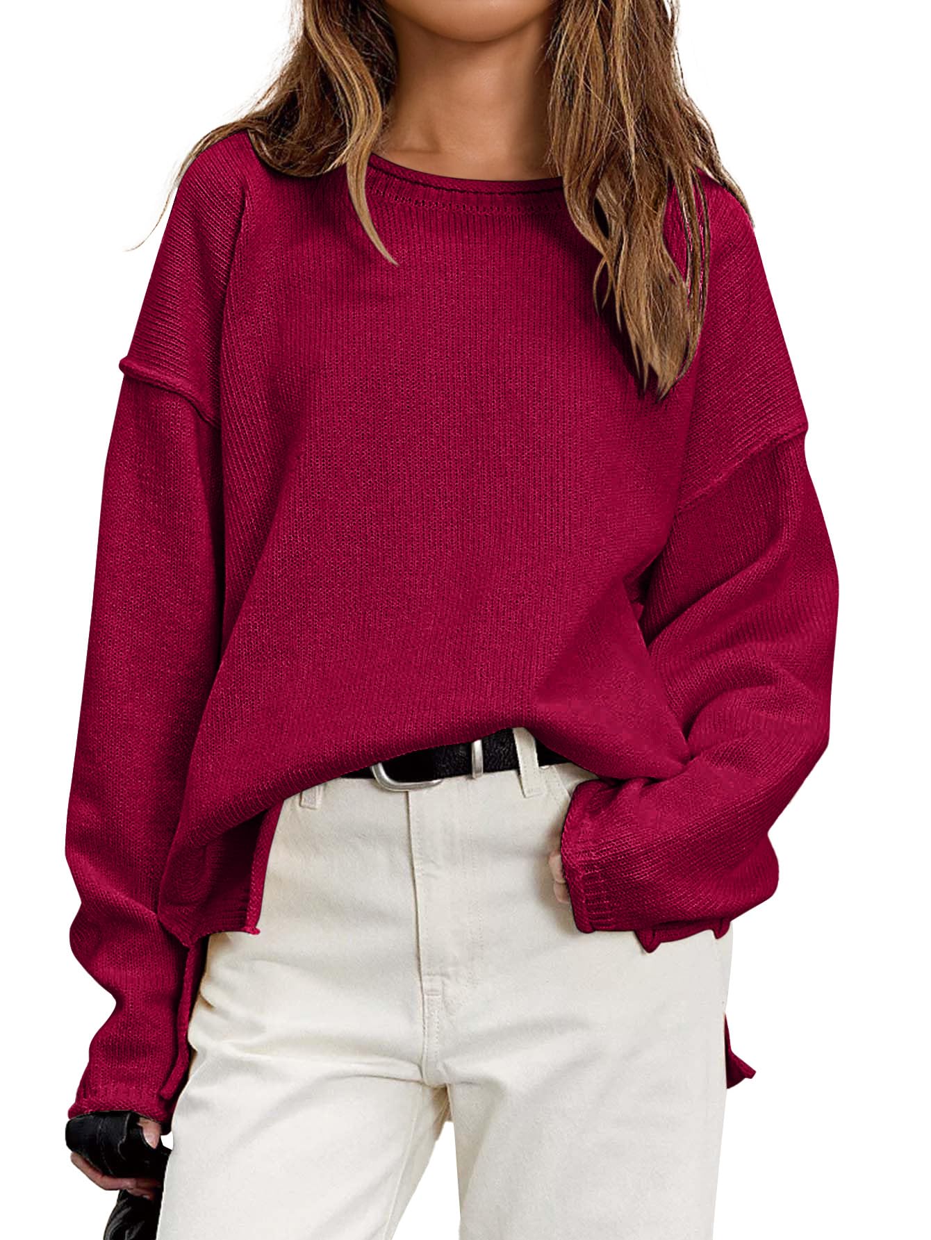Womens Pullover Fall Winter Sweaters 2025 Long Sleeve Roll Crewneck Side Slit Oversized Knit Tunic Sweater Tops
