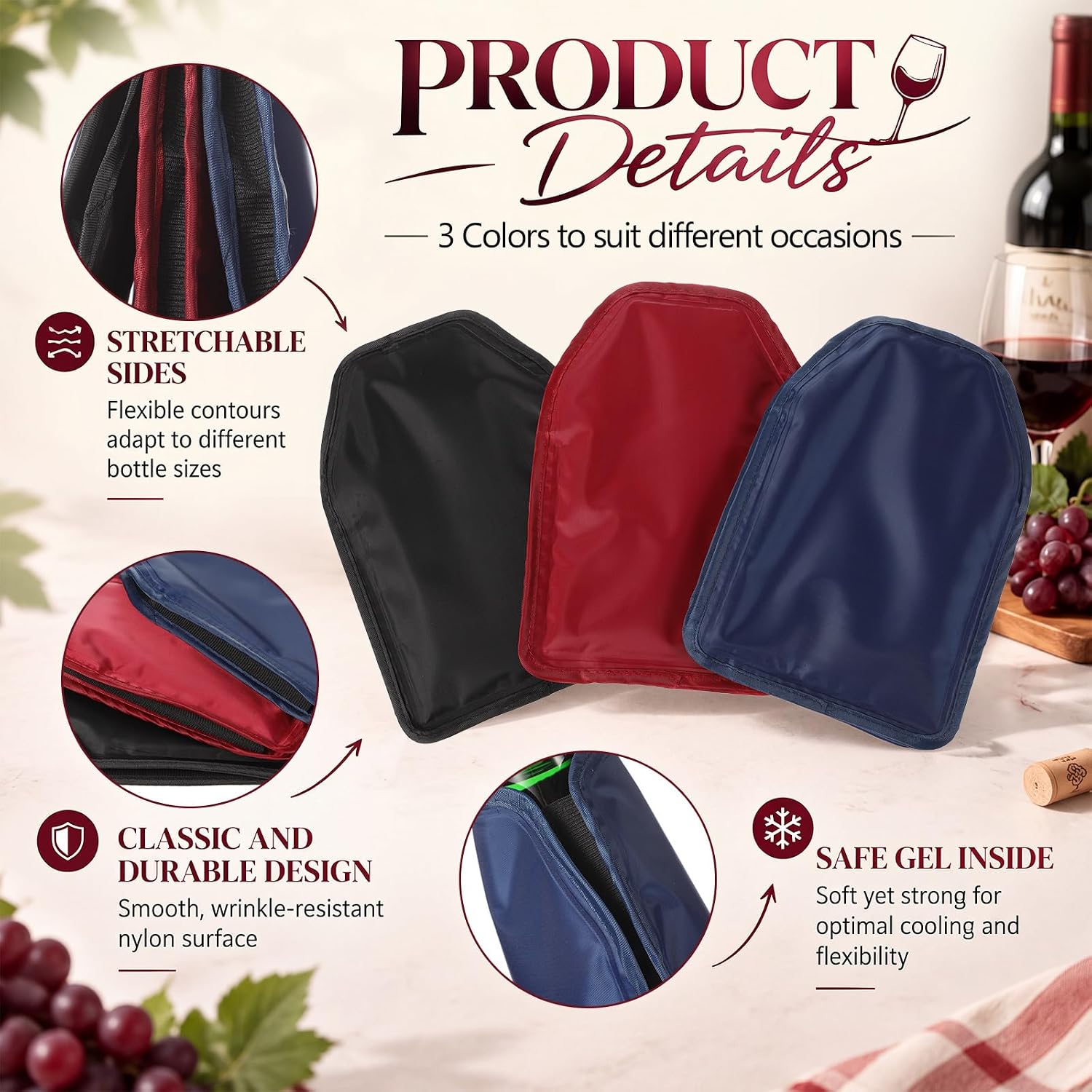3 Pack Portable Wine Cooler Sleeve Reusable Bottle Chiller