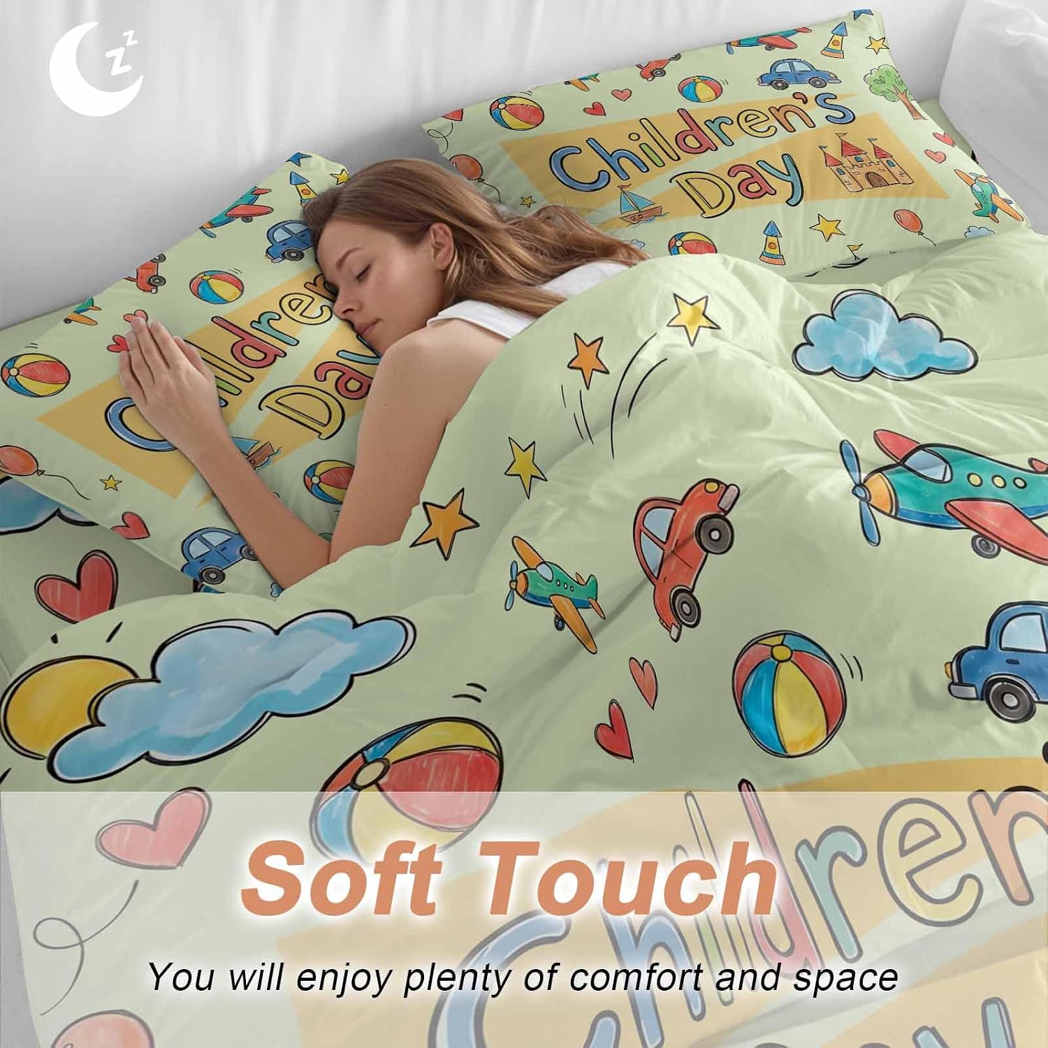 Duvet Cover Twin Size - 4 Pieces Bedding Set, Happy Children's Day Bedding Comforter Covers Zipper Closure, 1 Duvet Covers 1 Fitted Sheet 2 Pillow Shams Cartoon Castle Childhood Innocence
