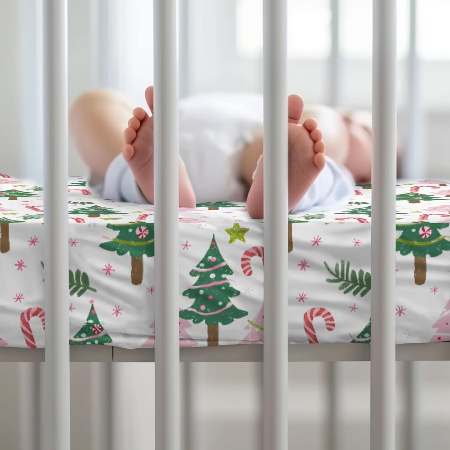 Cartoon Christmas Trees Stars Winter Holiday Pattern Baby Sheets for Crib, Unisex Christmas Nursery Fitted Bed Sheet for Boys Girls Standard Crib and Toddler Mattress-28x52