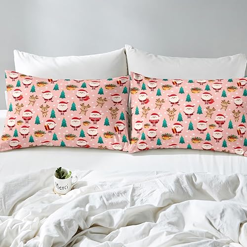Miniatura 4 de Juego de funda de edredón rosa de Navidad, tamaño Queen, lindo juego de ropa de cama de árbol de Navidad de ciervos y Papá Noel para niños y niñas,