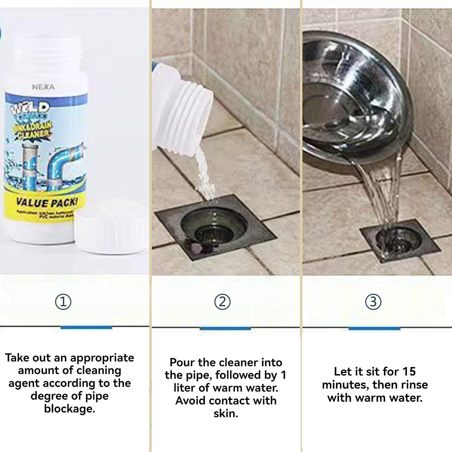 Three-step visual guide for using the drain cleaner: 1. Pour powder, 2. Wait, 3. Rinse with warm water.