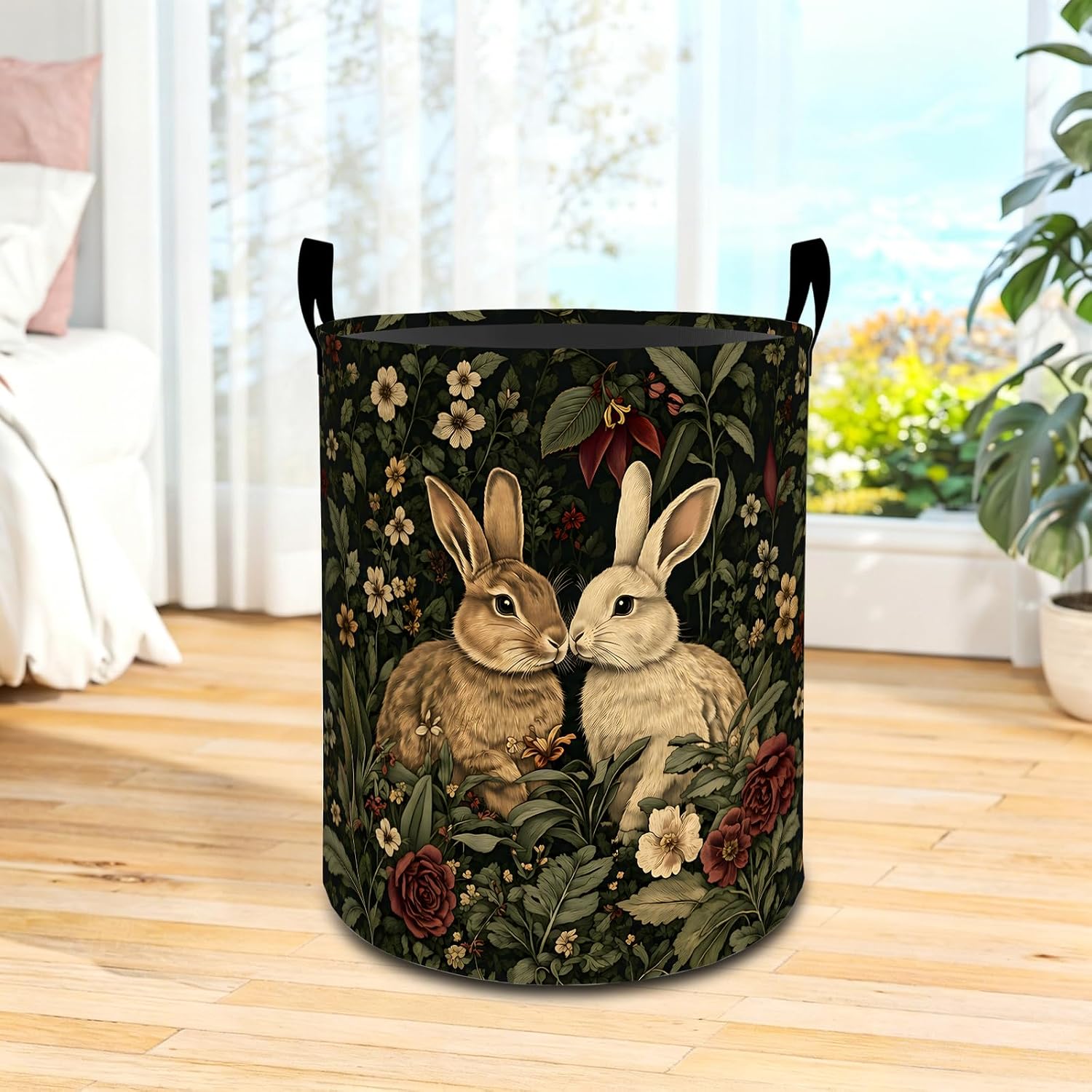 Vintage Bunny Laundry Basket Gothic Botanical Rabbit Waterproof Oxford Fabric Cloth Storage Hamper, 19.7x15.7inch Dark Goth Portable Dirty Baskets Decor Gifts for Living Room Bathroom