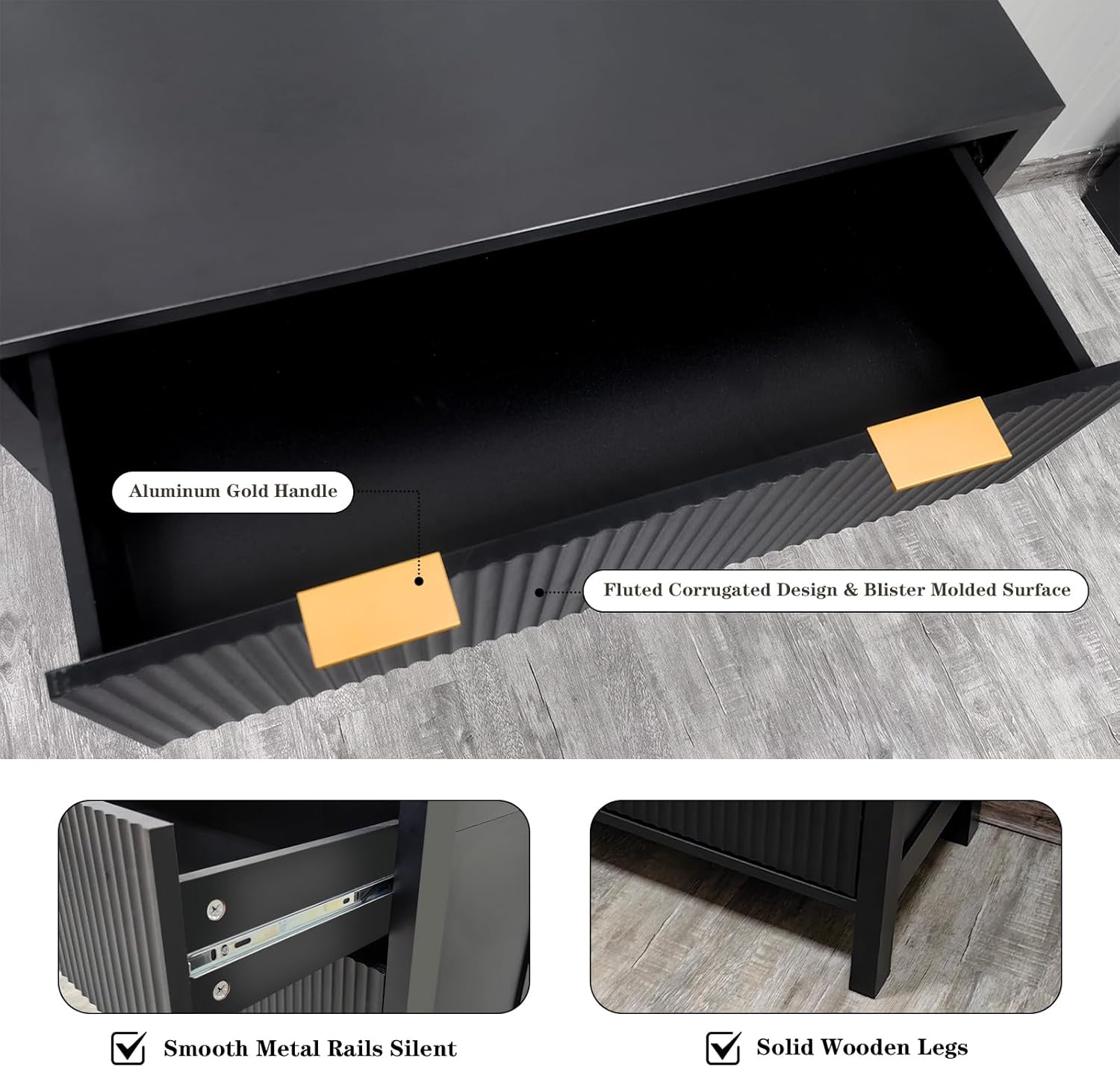 GarveeHome Dresser, Chest of Drawers, 4 Drawer Dresser, Waveform Fluted Panel Wood Dresser, Modern Dressers for Storage Drawers for Bedroom, Closet Living Room, Nursery Hallway Closet, Black