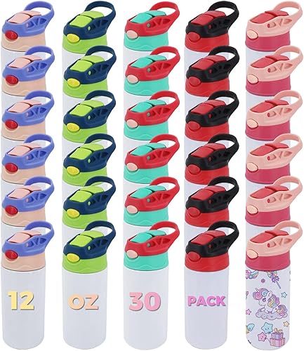 ZREGGUR Paquete de 30 botellas de agua de acero inoxidable por sublimación de 12 onzas para niños pequeños, a prueba de derrames con pajitas y tapas disponible en Yaxa Colombia