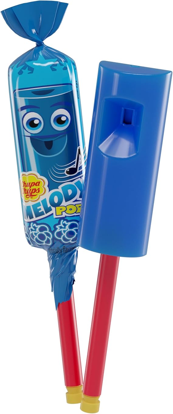Chupa Chups Melody Pop, Blue Raspberry Flavor, Whistle Lollipops, Individually Wrapped Candy Suckers, 5 Count Pack