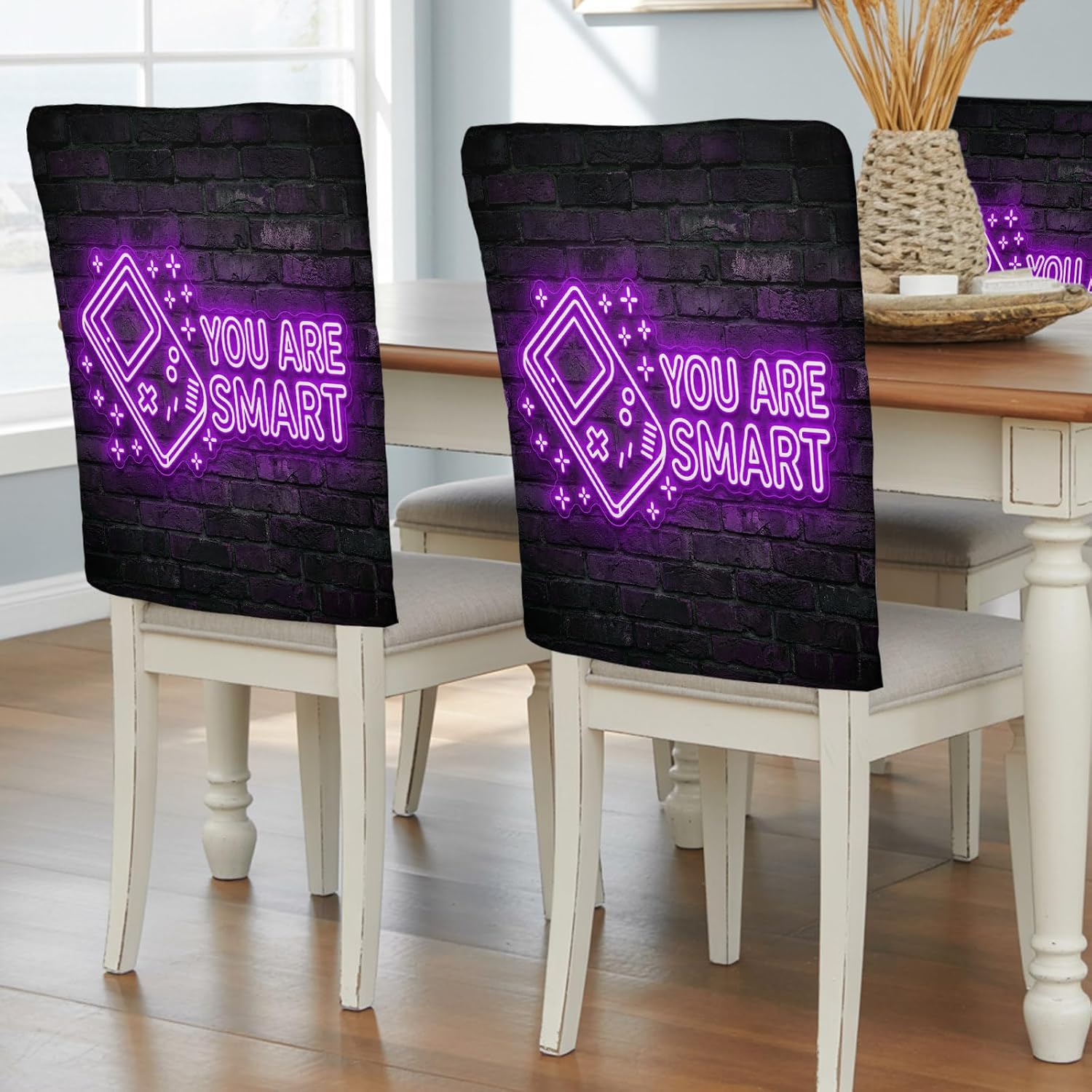 Art Gaming Icons Chair Back Covers 4 Pcs 19"x18" Multi Panel Neon Letter Yellow You Are Smart Washable Dining Room Chair Covers Removable Protectors Chair Slipcover for Home Kitchen Restaurant Decor