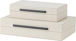 SYYSY Set of 2 Beige Shagreen Faux Leather Storage Boxes with Black Handles - Nesting Jewelry Organizers for Home Decor