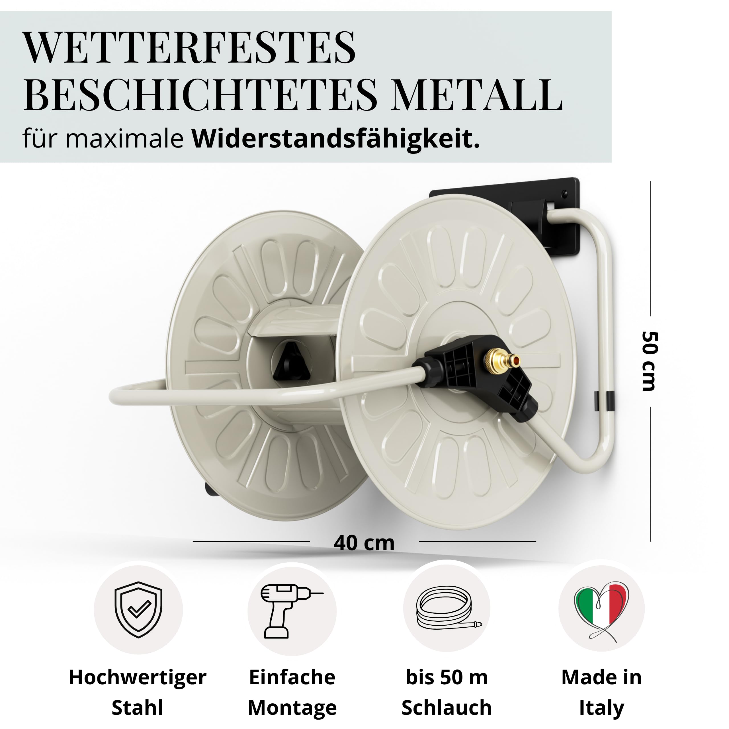 Livlig53 LIVLIG Schlauchtrommel Metall, pulverbeschichtete Gartenschlauch Trommel Made in Italy, Schlauchhalter bis zu 50m Gartenschlauch, Wandmontage & Bodenbetrieb, Greige