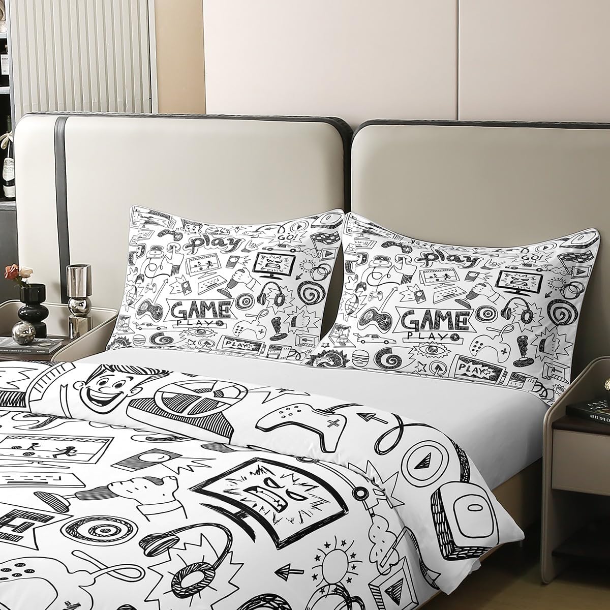 Reversible 100% Cotton Gaming Comforter Cover, Kids Gamepad Cartoon Bedding Set, Video Games Gamers Duvet Cover, Hip Hop Graffiti Quilt Cover, Racing Car Bedspread Cover Comfy, Black White, Full