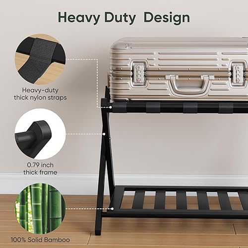 Miniatura 2 de Portaequipajes negro totalmente montado, soporte para maleta con estante para zapatos, soporte de equipaje plegable de madera para habitación