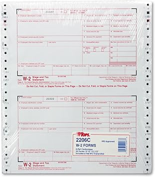 TOPS 2206C W-2 Tax Forms, 6-Part Carbonless, 5 1/2 x 8 1/2, 24 W-2s & 1 W-3