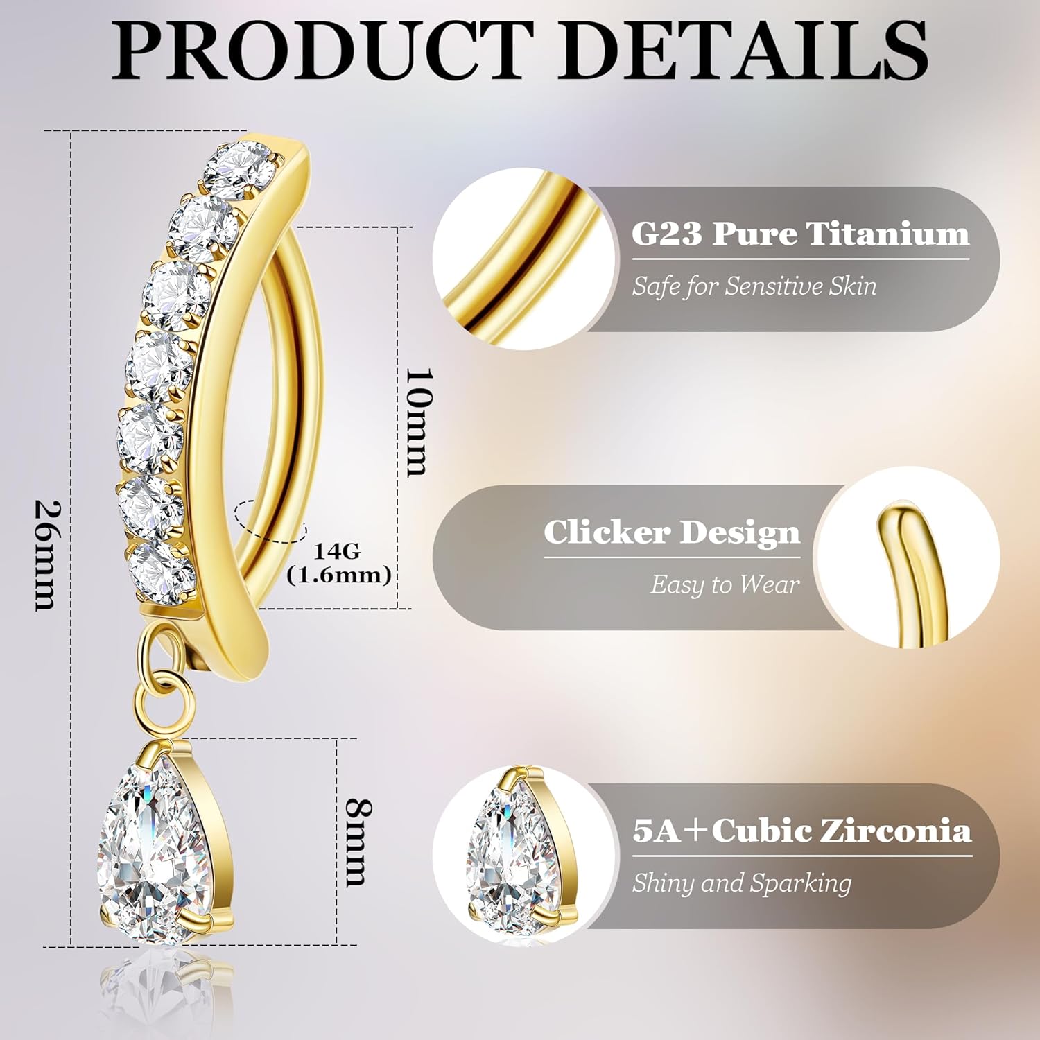 14G G23 Pure Titanium Clicker Belly Button Ring for Women Teardrop Navel Ring Curved Reverse Belly Ring CZ Belly Navel Piercing Jewelry - Image 3