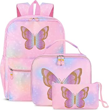 Cokouchyi 3 Pcs Kids Backpack Set with Lunch Box & Pencil Case, Lightweight Preschool Backpack for Girls Age 3-8, Kids Book bag Elementary, Butterfly