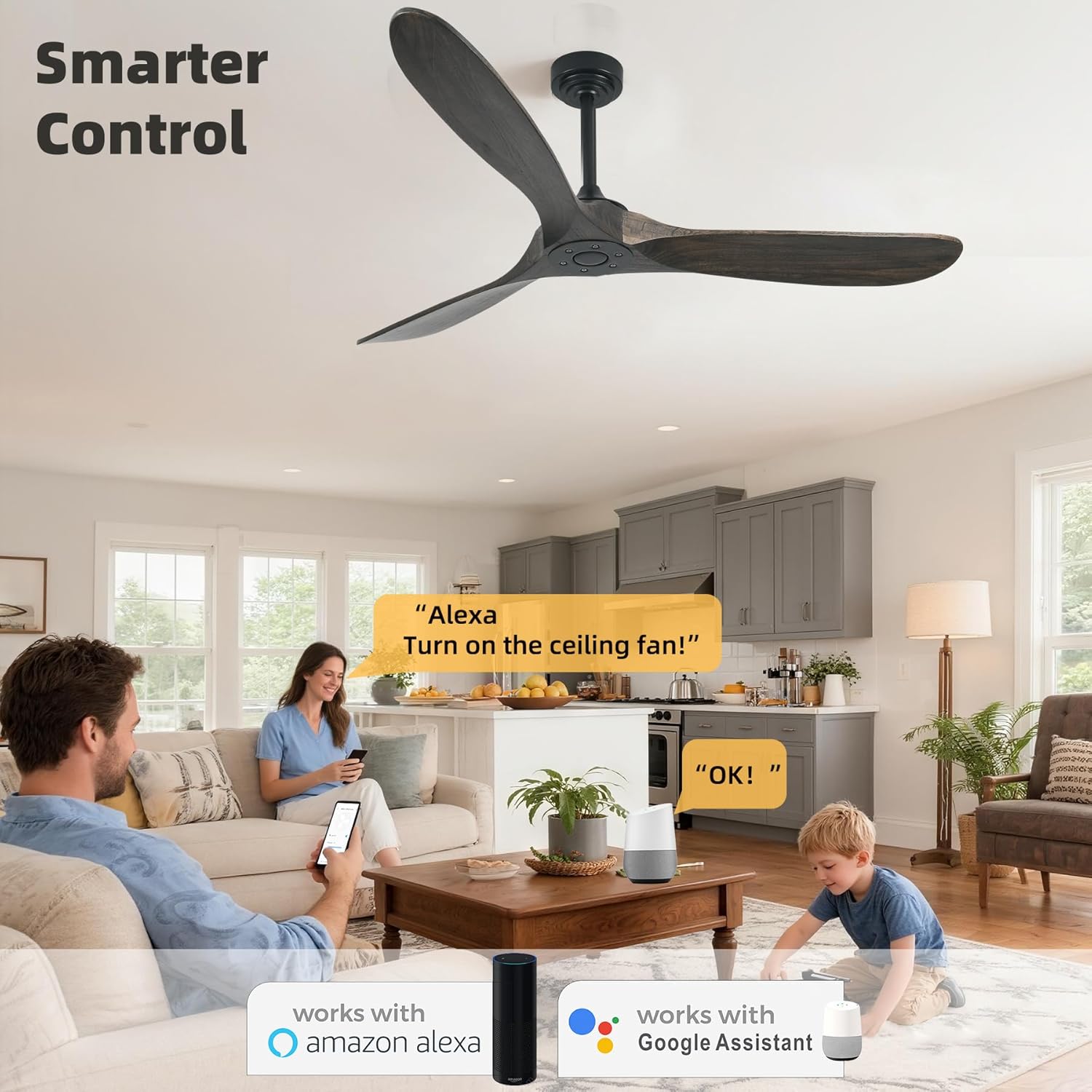 Outdoor Ceiling Fan Without Light, 60 Inch Smart Ceiling Fan with Remote & Voice Control for Alexa/Google, 3-Blade Wood Fan, Quiet DC Motor, 6 Speeds for Patio, Porch, Farmhouse, Dark Brown