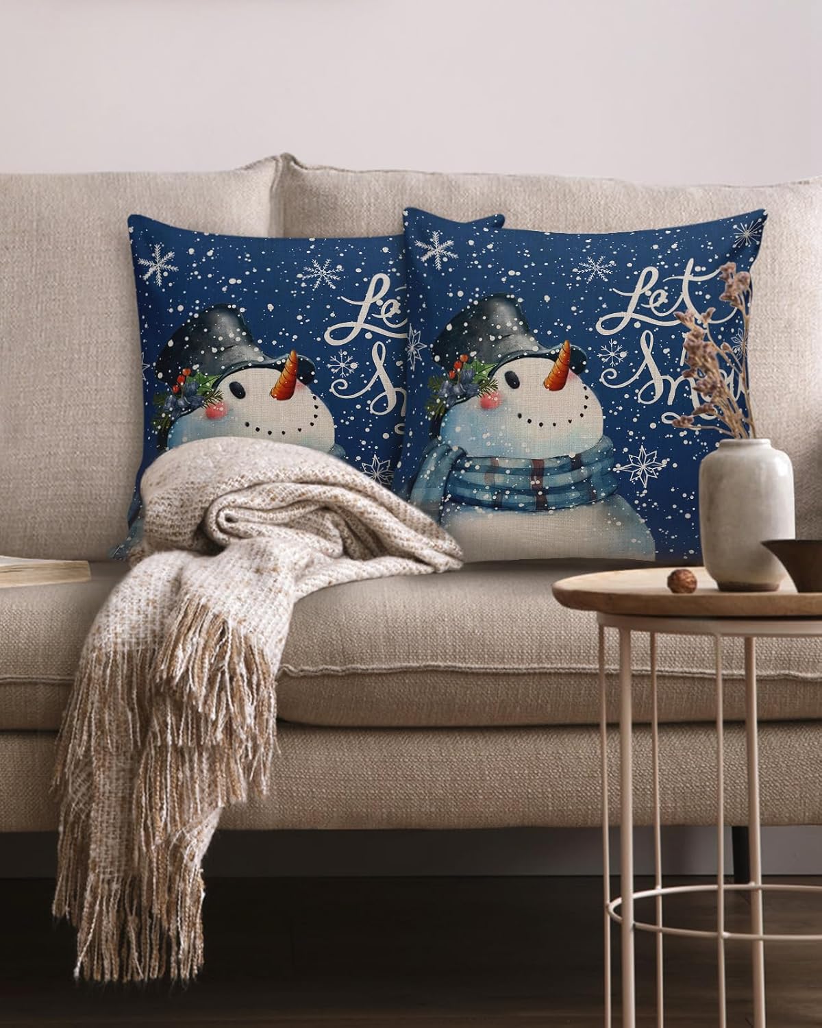 QueenKer Christmas Pillow Covers 24x24 Inch Set of 2, Eve Cute Scarf Snowman Square Throw Pillow Decorative Case Sofa/Bed Cushion Covers Zipper Pillow Protector for Bedroom Living Room Farmhouse