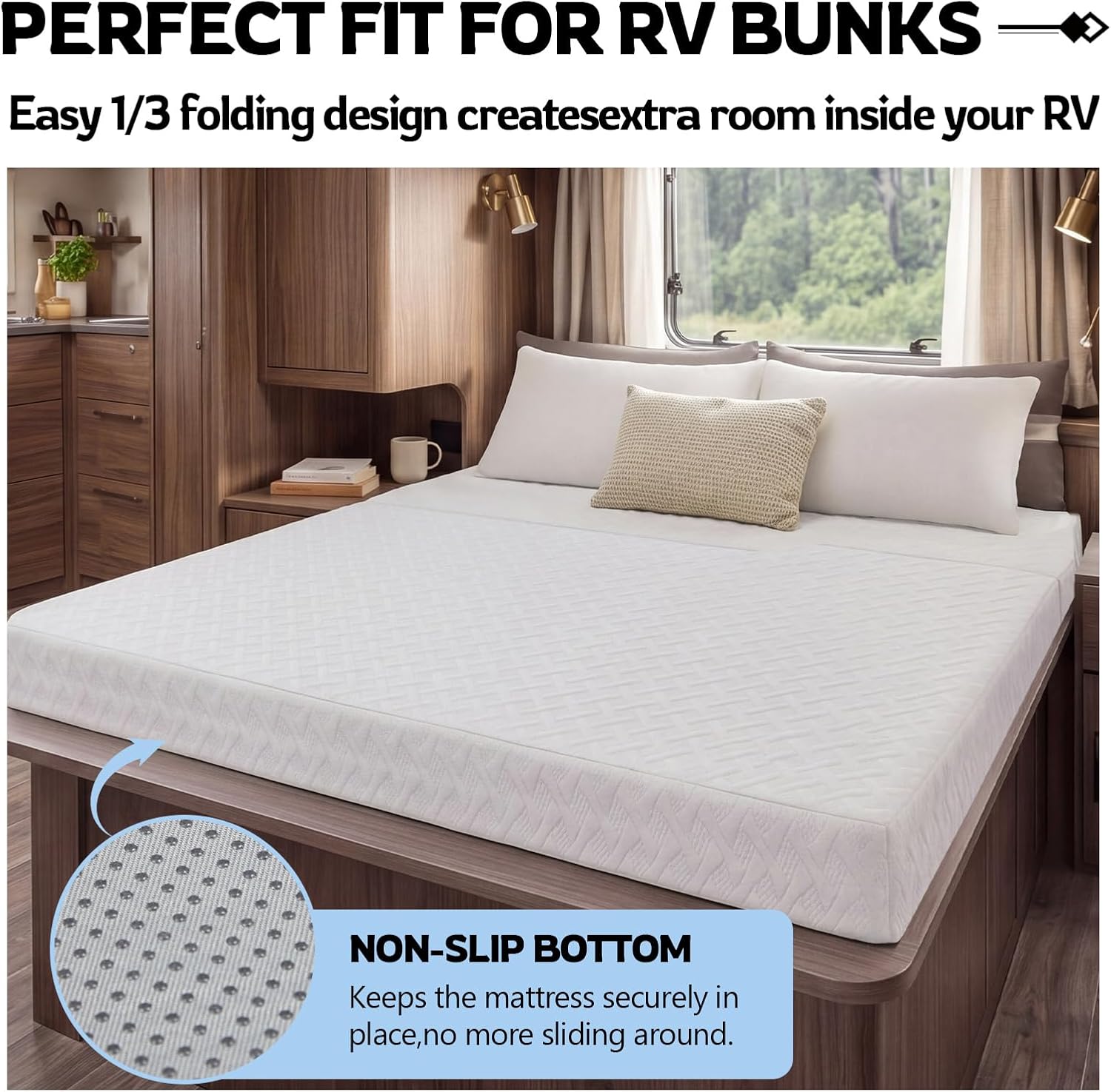 Novabright 1/3 Folding RV Short Queen Mattress, 75" × 59" × 6" Bifold Memory Foam Mattress with High Resilience Support, Breathable Cover & Zipper Non-Slip Bottom for RV Camper Trailers