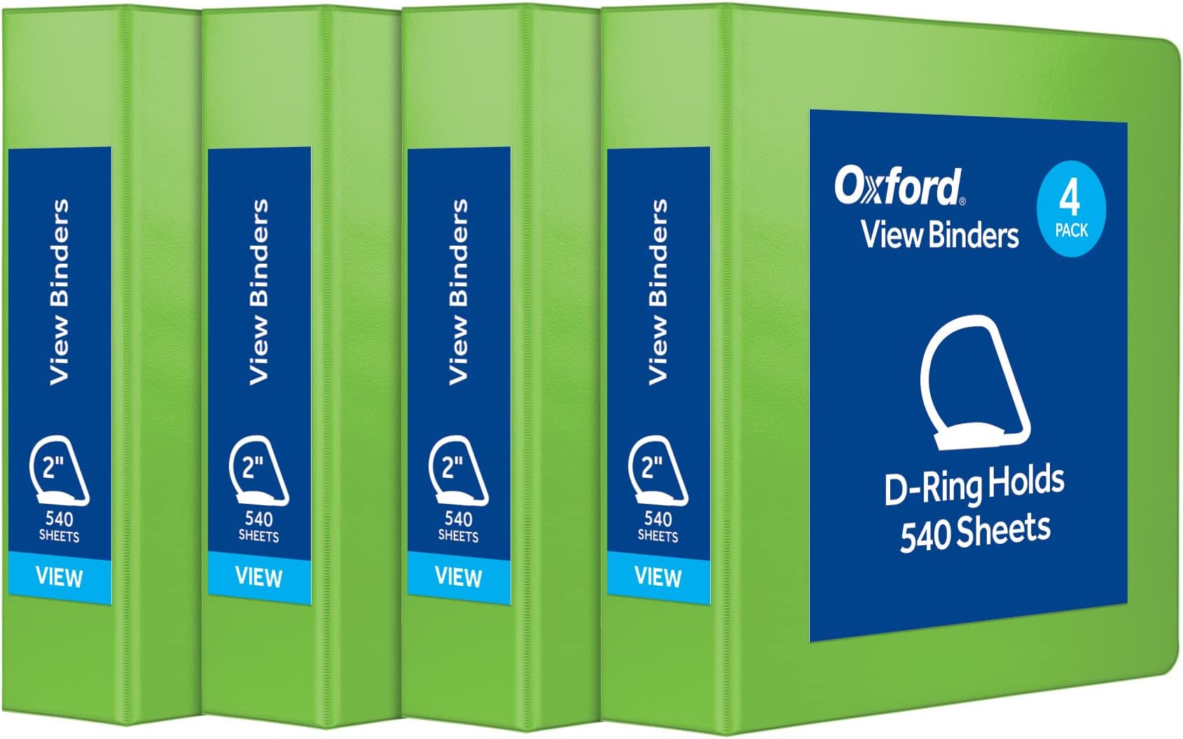 3 Ring Binders, Binders for School and Office, Durable 2 inch D Rings, Holds 540 Sheets, ClearVue™ Presentation Binder, Green, 4PK