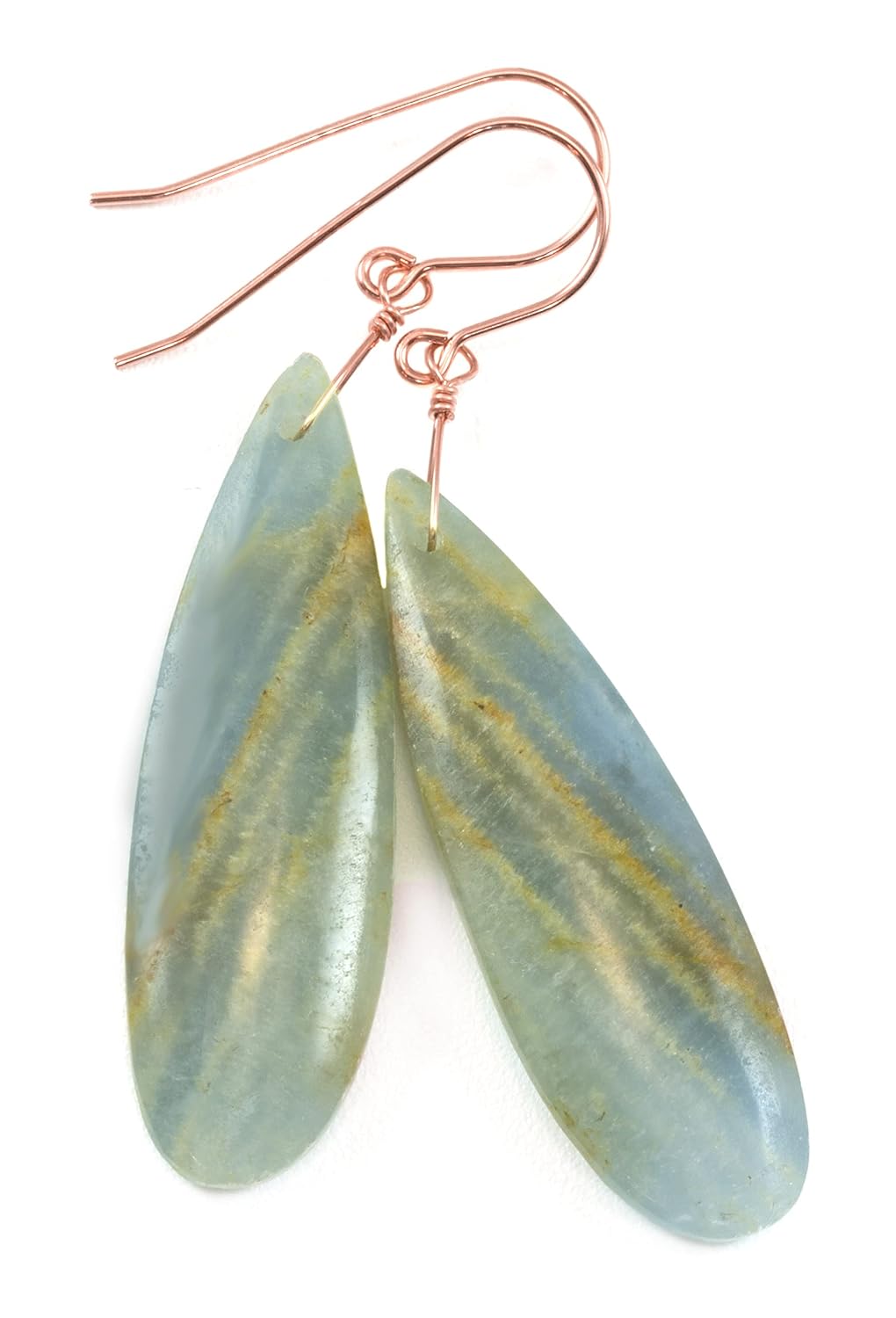 14K Rose Gold Filled Calcite Earrings 2-1/4" Soft Aqua Blue Large Long Smooth Teardrops Earthy Simple Drops
