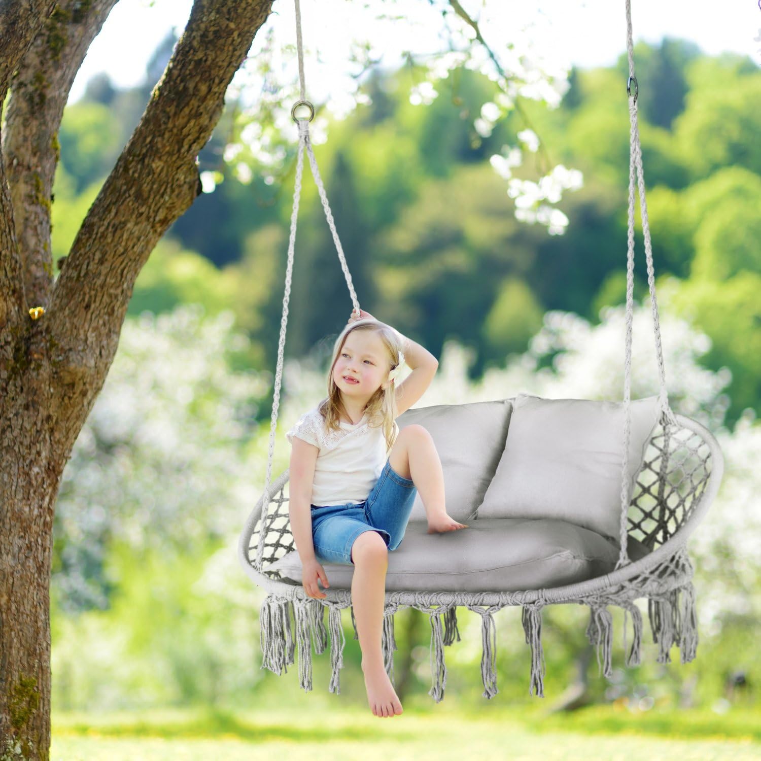 Fauteuil Suspendu 2 Personnes XXL avec 3 Coussins, Chaise Suspendue de jusqu'à 200 kg, Siège Suspendu Exterieur et Intérieur pour 2 Place, Fauteuil Balancoire Bohème, Ideal pour Jardin, Gris