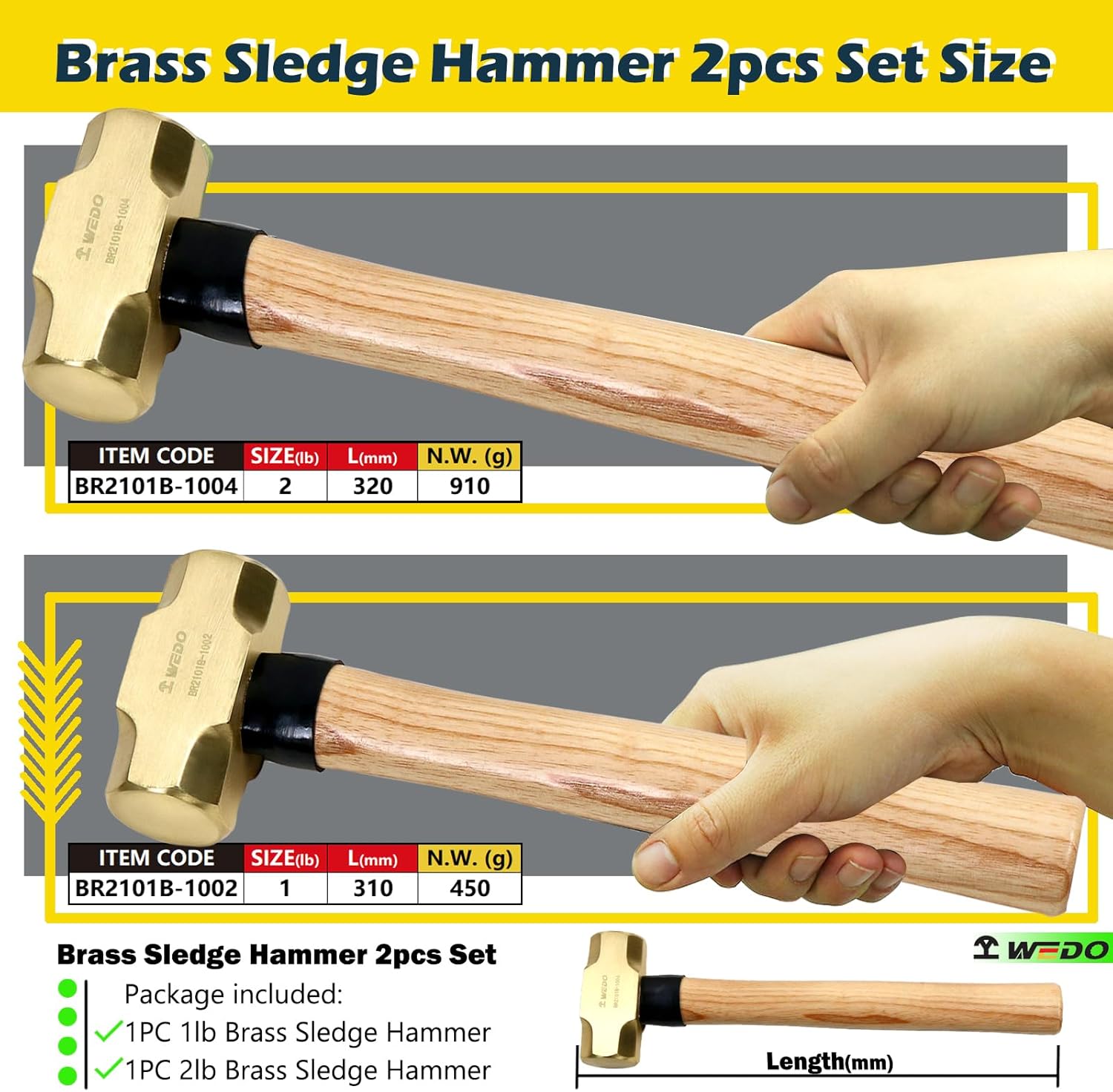 WEDO 2PCS Brass Sledge Hammer Set,1lb+2lb, Wooden Handle, Die-Forged, Corrosion Resistant, DIN Standard