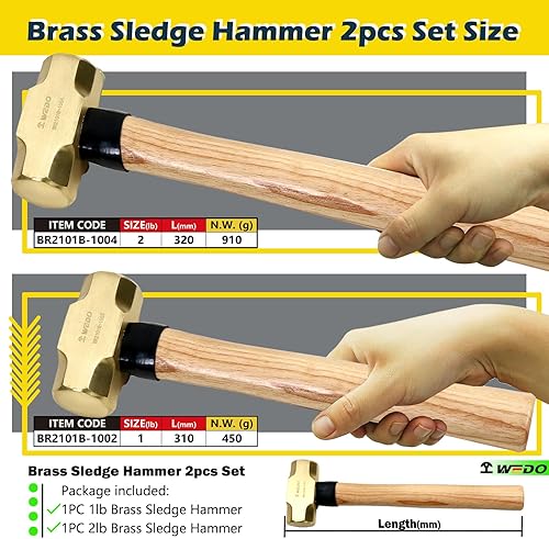 Miniatura 2 de WEDO Juego de martillo de trineo de latón de 2 piezas, 1 libra+2 libras, mango de madera, forjado a presión, resistente a la corrosión, estándar DIN