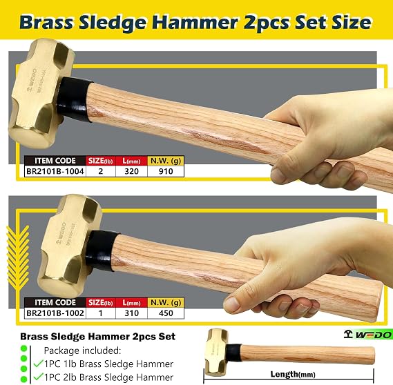 WEDO 2PCS Brass Sledge Hammer Set,1lb+2lb, Wooden Handle, Die-Forged, Corrosion Resistant, DIN Standard
