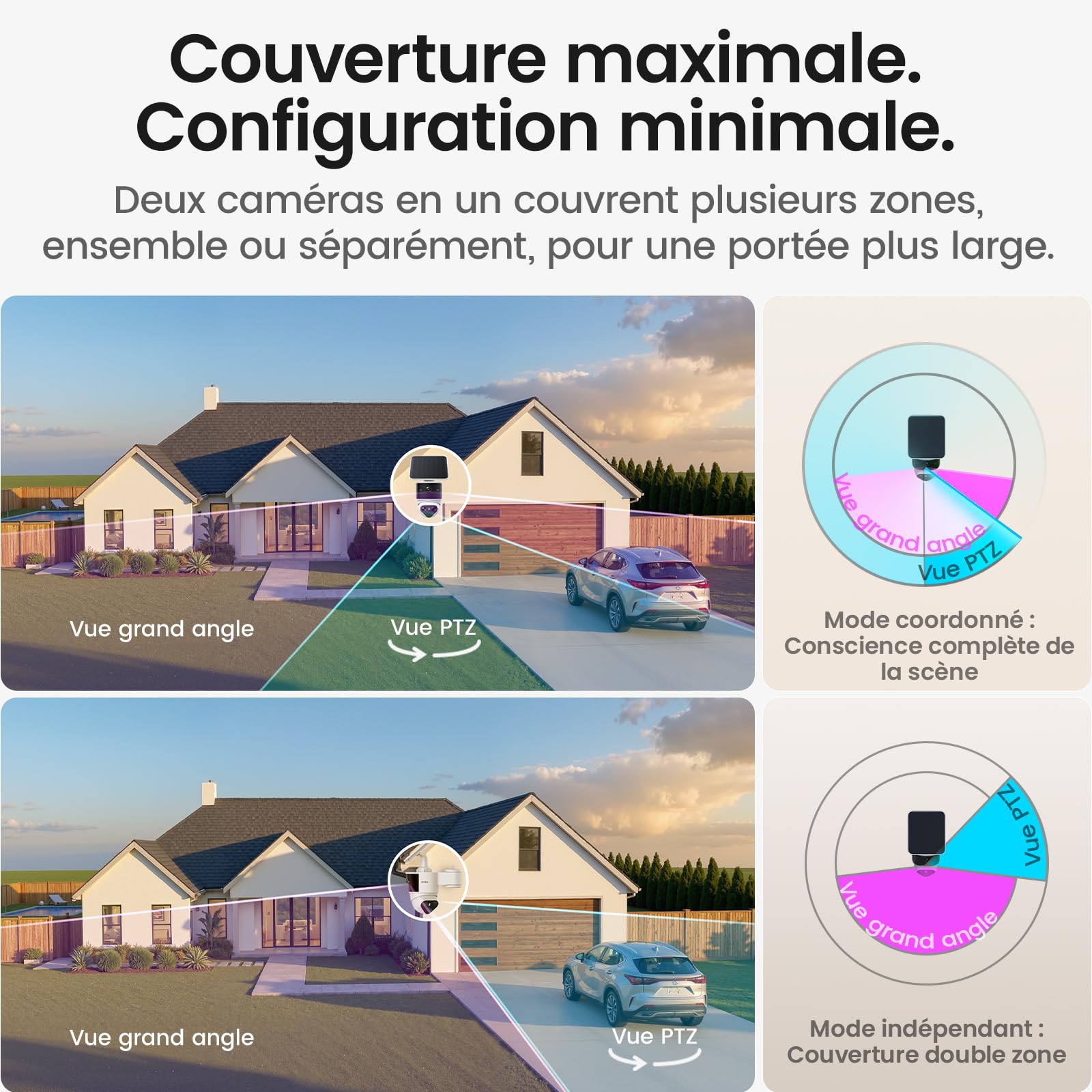 aosu T2 Pro 3K Caméra de sécurité extérieure Solaire sans Fil Kit 2 Caméras | Double Objectif 3K, Angle Mort Éliminé, 170°+360° PTZ, IA, Zoom 8x, Stockage 1To Extensible, Idéal Pour Maison Et Jardin