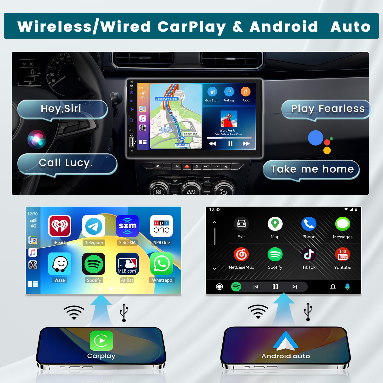 Hikity Radio de Coche 1 DIN con Pantalla Táctil de 7 Pulgadas, Radio Coche 1 DIN con Carplay Android Auto Inalámbrico, SWC Mirror Link FM Radio USB/TF/AUX Cámara Trasera + Mic