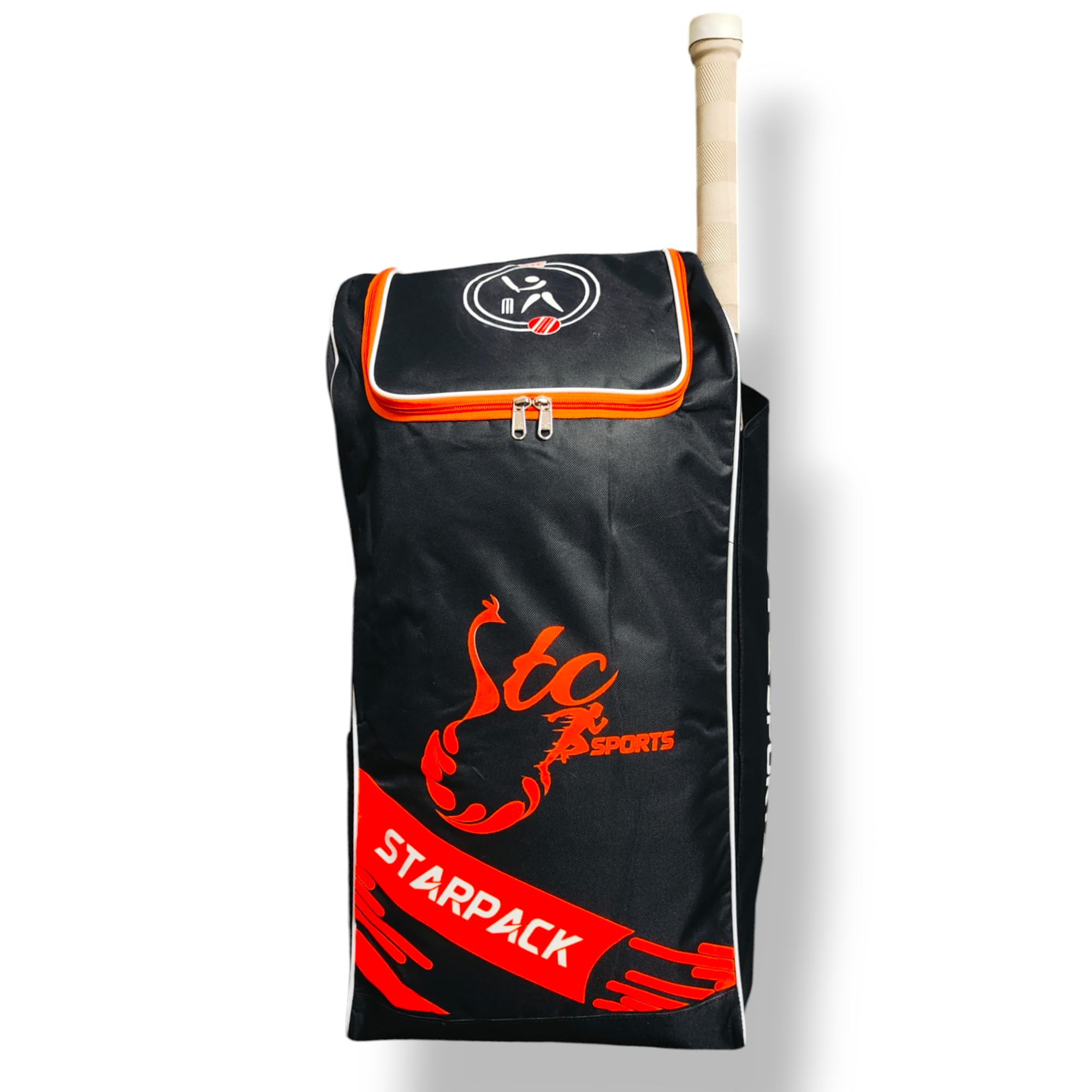 STC SPORTS Cricket Kit Bag with Special Bat Holder On The Side, Backpack, Full Size with Shoulder Straps and Handle for Player (Black-Orange), Nylon