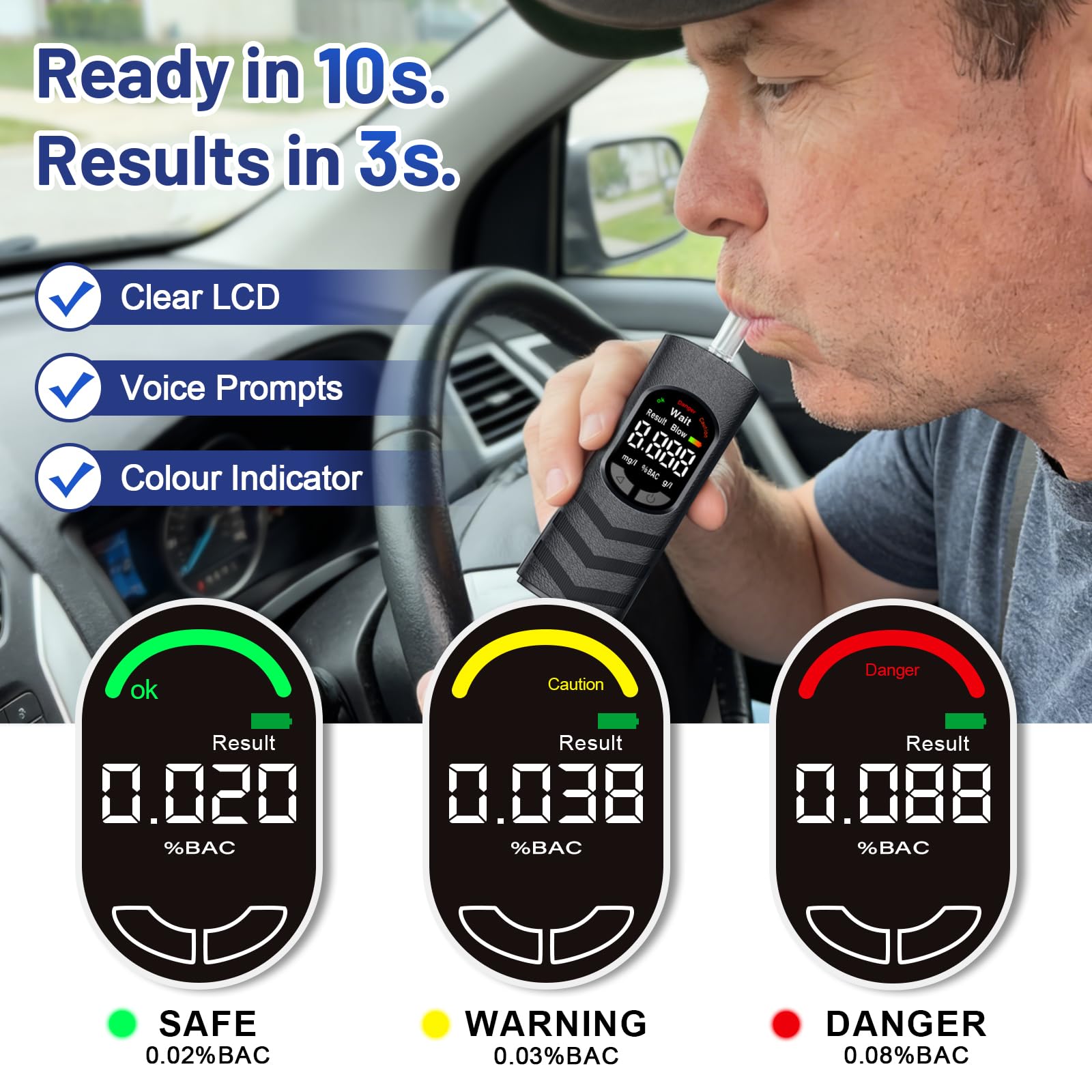 Alkoholtester Atemalkoholtester mit USB-C Akku, Farb-LCD, Halbleiter-Sensor, 20 Mundstücken, tragbares Promillemessgerät für Auto, Zuhause, Party und Reise (Schwarz)