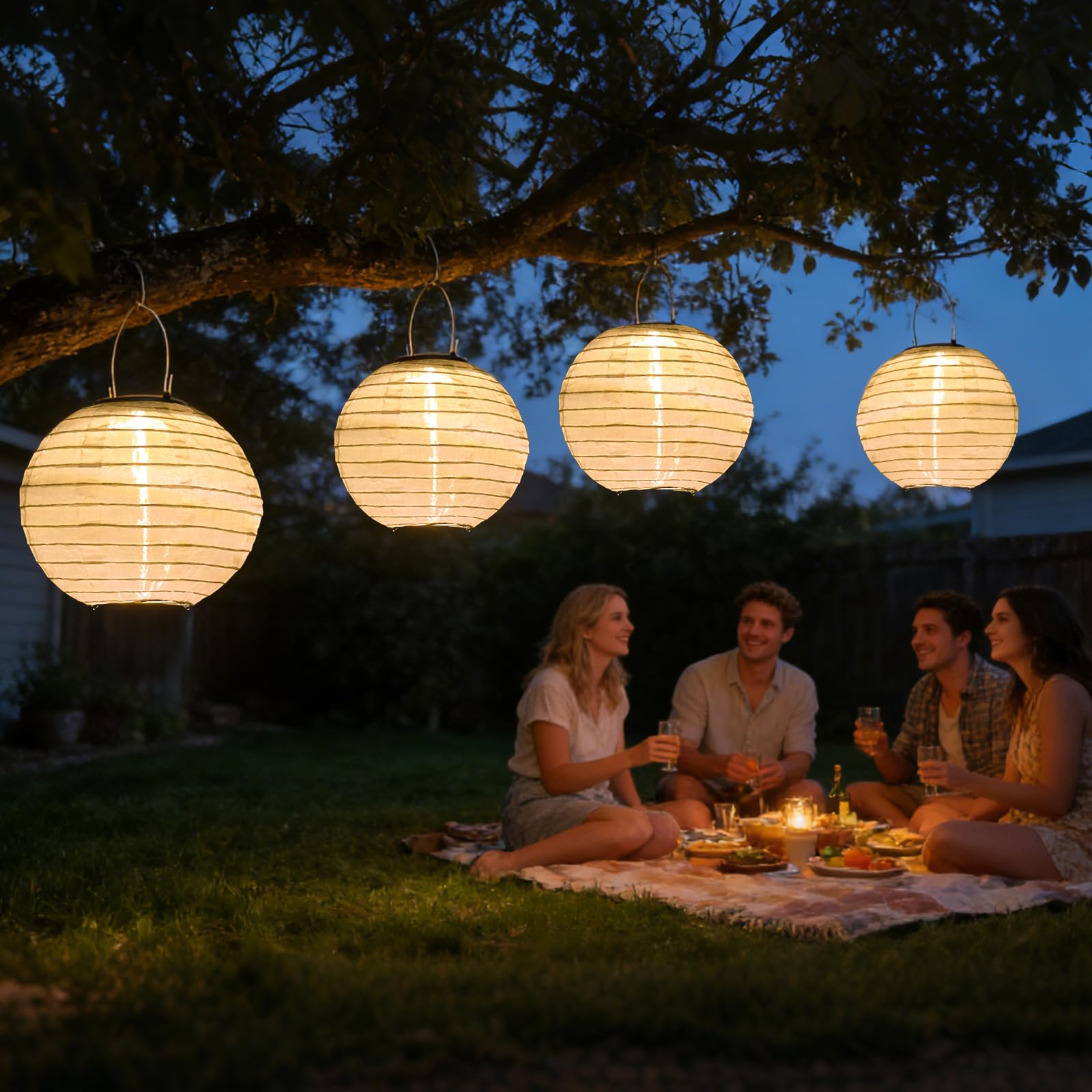 Solar Lampions Außen Wetterfest - 4 Stück 20cm Solar LED Laterne Nylon Hängende Solarbetrieben Gartenlaterne Beleuchtung für Garten, Hof, Terrasse, Hochzeit, Fest Deko (Warmweiß)