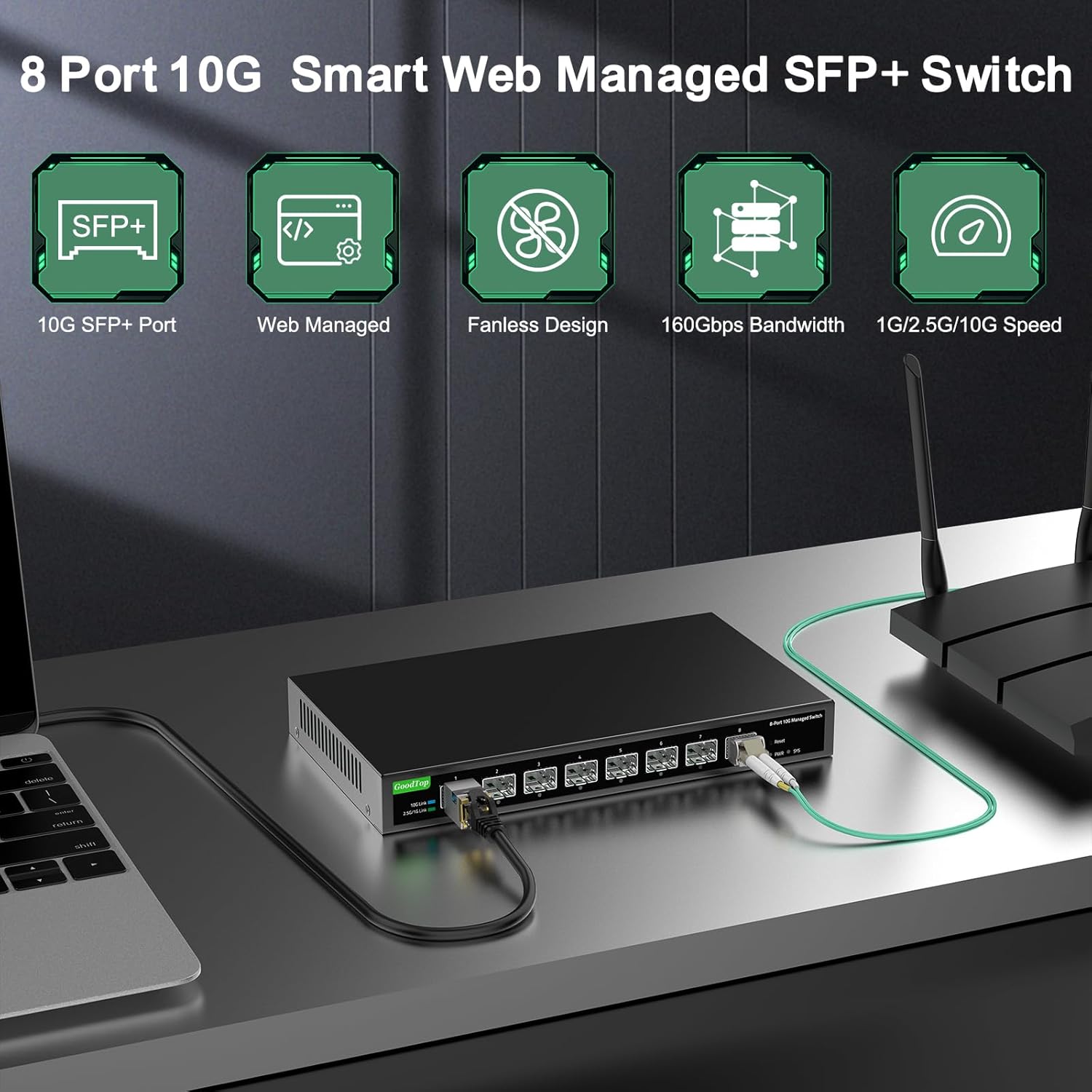 8 Port 10Gb Smart Web Managed SFP+ Switch,10G Optical Easy Managed SFP+ Ethernet Switch,Metal Fanless Home Lab Network Switch with Link Aggregation/QoS/VLAN/DHCP Client, Black, GT-SWTXG8FM