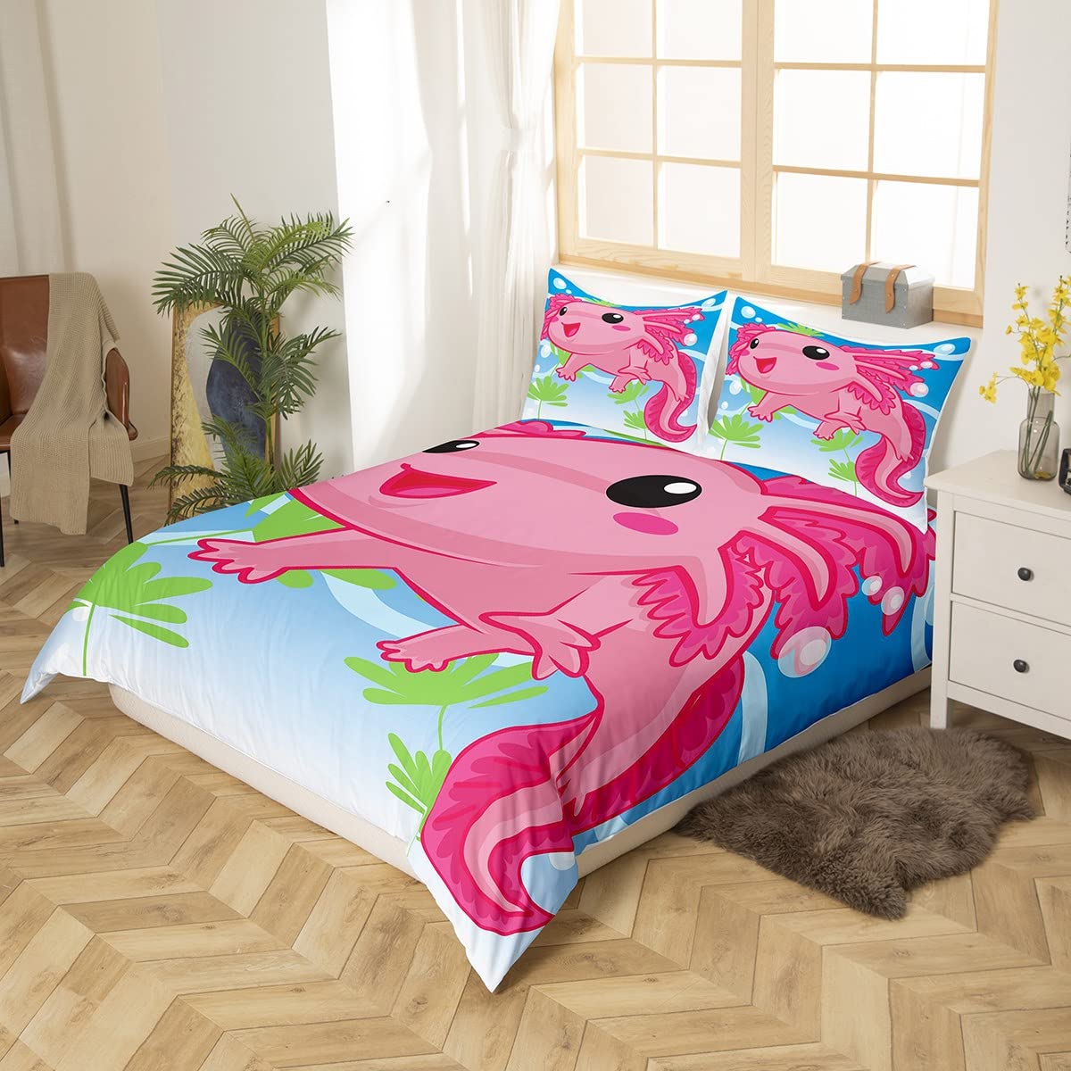 Kawaii Axolotl Comforter Cover Cartoon Pink Axolotl Bedding Set 3D Animals Duvet Cover for Children Kids Boys Girls Microfiber Salamander Bedspread Cover King Size - Image 2