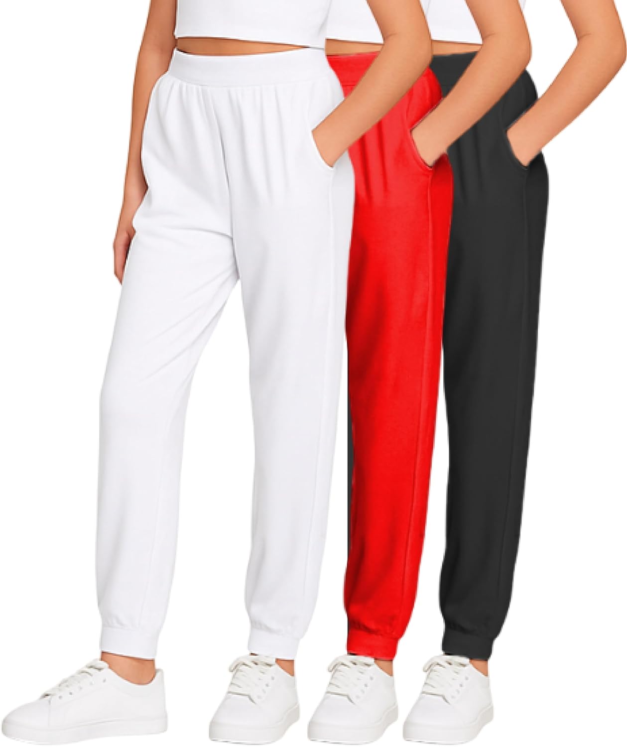 Sweet Hearts Girls Sweatpants - 3 Pack High Waisted Performance Jogger Girls Pants with Pockets: Made in USA (Sizes 5-18)
