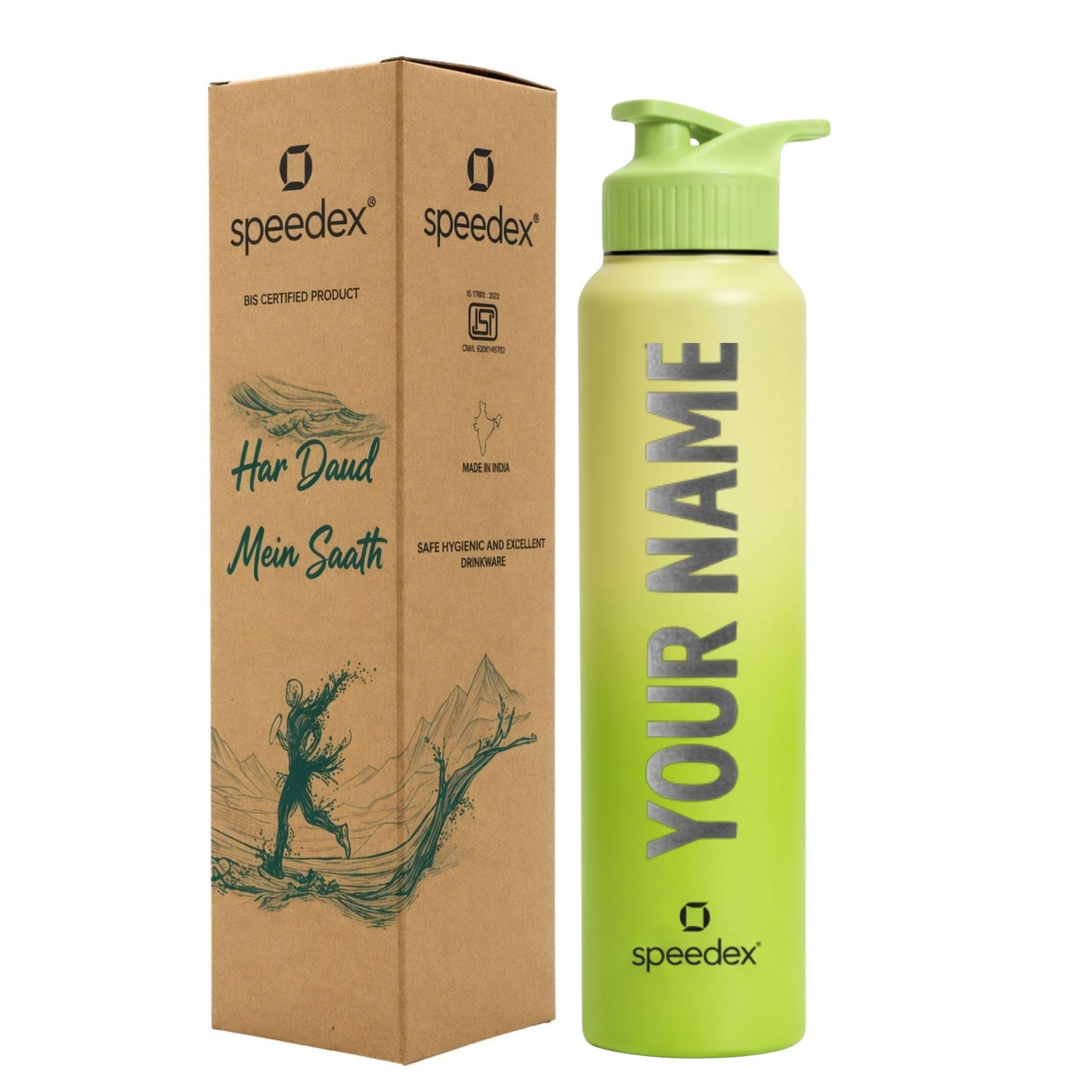Speedex Customised Stainless Steel Water Bottle 1 Ltr with Name – Personalised Engraved Sipper Cap Bottle for Kids, Men & Women, School, Gym, Office Lime Green, Set of 1