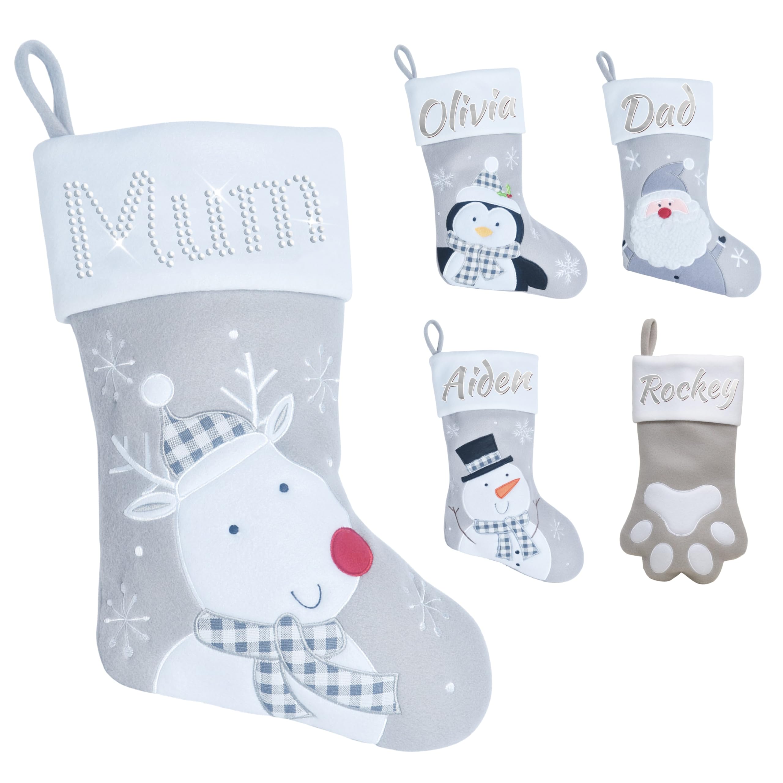 Varsany Premium Personalised Grey Reindeer Christmas Stockings – Matching Custom Xmas Stockings For Pets & Family, Name Dog Holiday Christmas