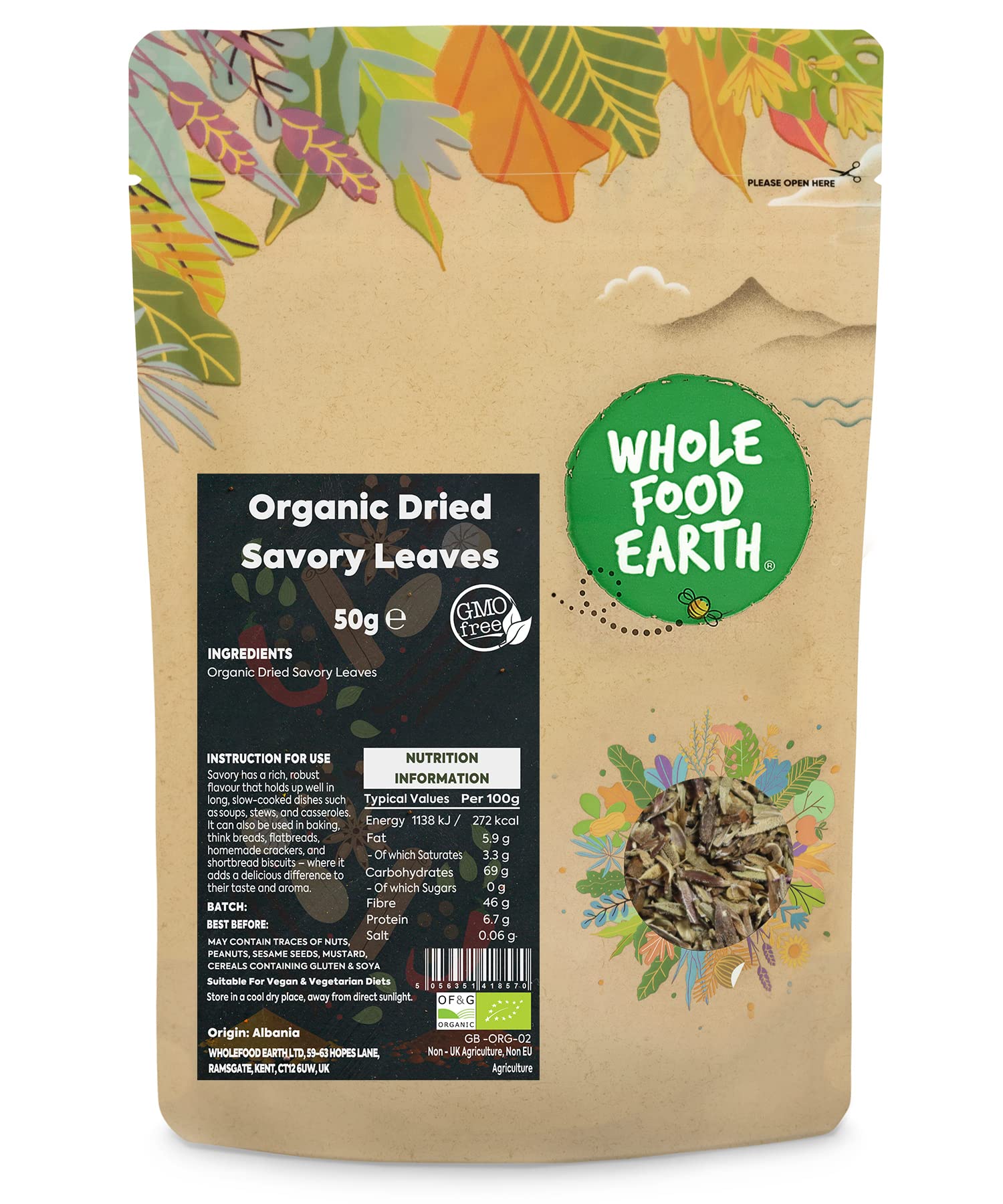 Wholefood Earth Organic Dried Savory Leaves 50 g | GMO Free | Certified OrganicEU Organic